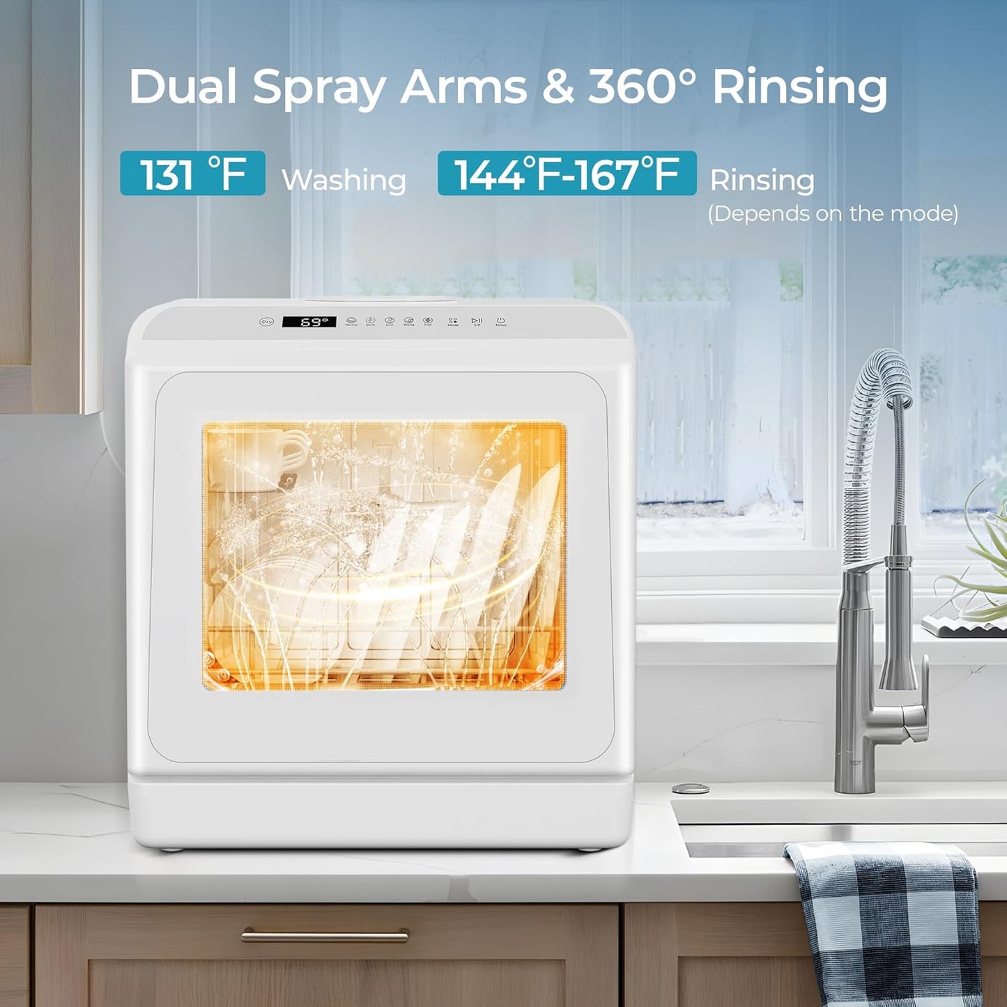 EUHOMY Portable Dishwasher Countertop Dishwasher, Mini Dishwasher Countertop with 5L Built-in Water Tank with 6 Modes, White, Table top dish washer with Baby Care for Apartment & RVs, No Hookup Needed