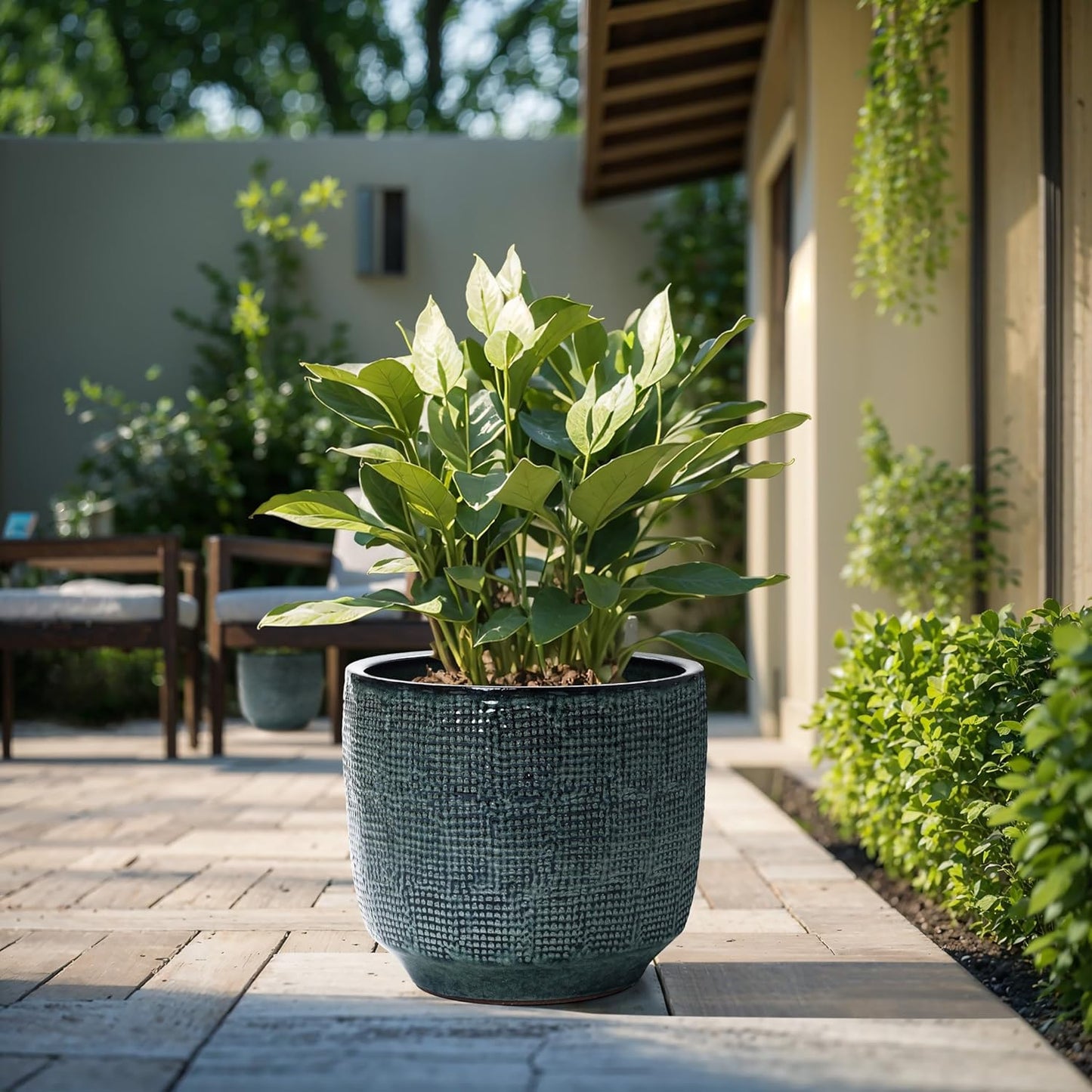 LuxenHome 15.5" Dia Large Ceramic Pots for Plants, Modern Green Glazed Planters for Outdoor Plants, Round Indoor Flower Pots with Drainage Hole and Rubber Plug for Home Garden Patio