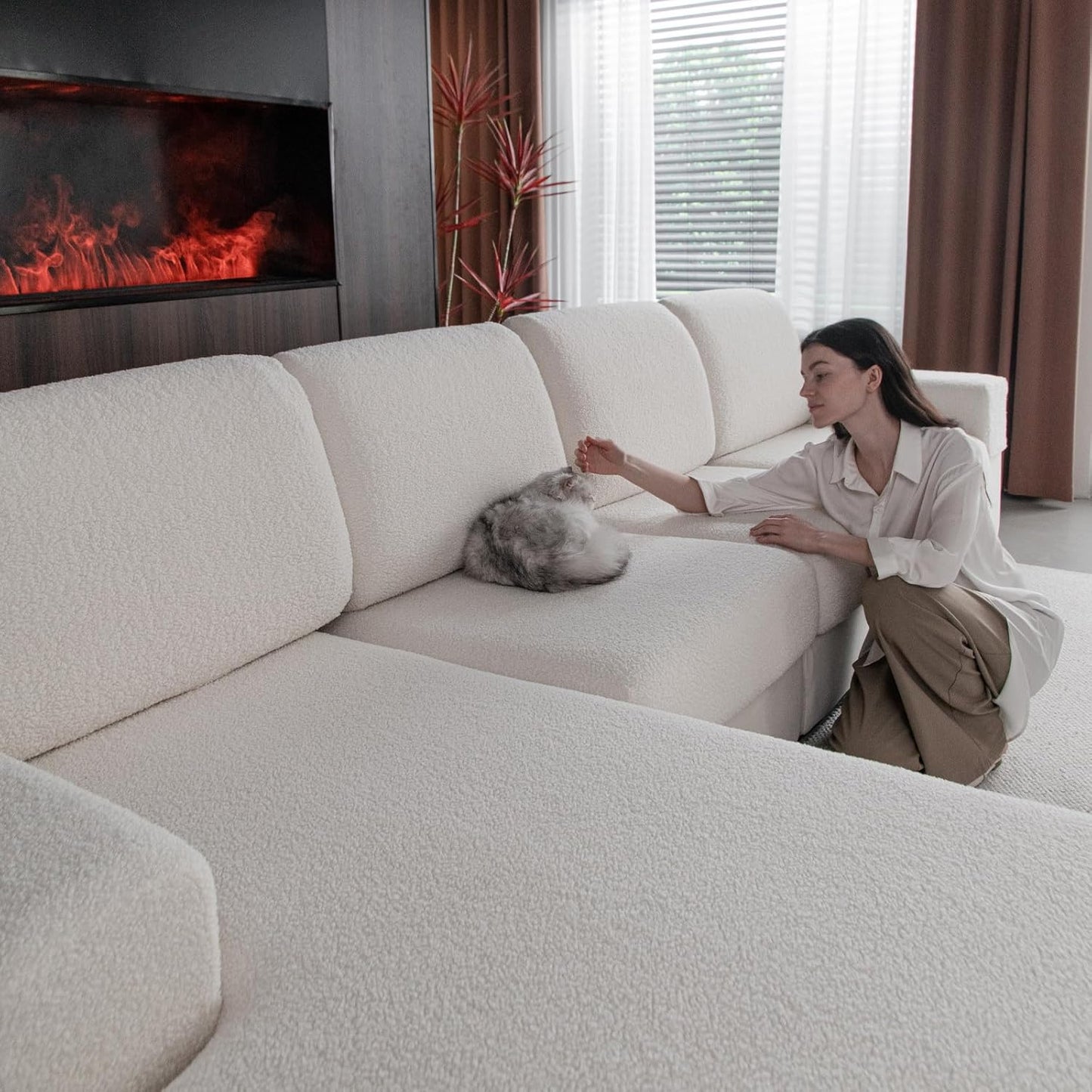Couch Cushion Covers for Sectional Sofa, Stretch Soft Sofa Slipcovers Washable Wear-Resistant Universal Furniture Protector for Living Room(1 Piece Loveseat Cover, Ivory)