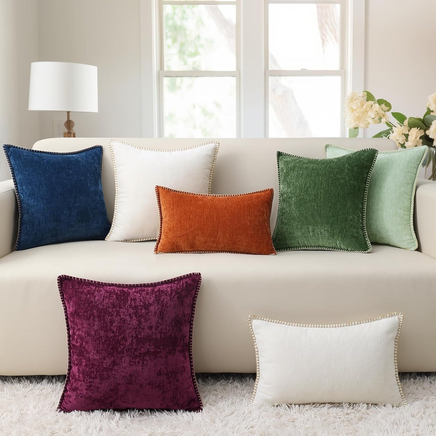 decorUhome Chenille Soft Throw Pillow Covers 24x24 Set of 2, Farmhouse Velvet Neutral Decorative Euro Pillow Covers with Stitched Edge for Couch Sofa Bed Home Decor, Poseidon