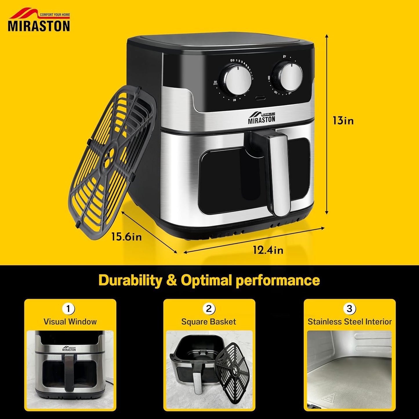 8.5QT Air Fryer, Upgraded Family Size Capacity, Visual Window, Square Basket Dials Stainless Steel Air Fryers, Reheat Leftovers, Easy Cooking for Healthier Breakfast & Dinner in Minutes
