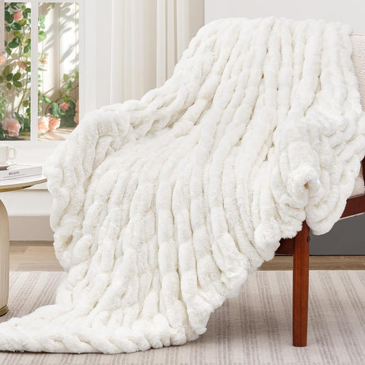 Touchat Ruched Faux Rabbit Fur Throw Blanket, 700 GSM Luxury Dual-Sided Soft Cozy Blanket, Fuzzy Fluffy Plush Blanket for Bed, Couch and Sofa - 50"x60", Cream White