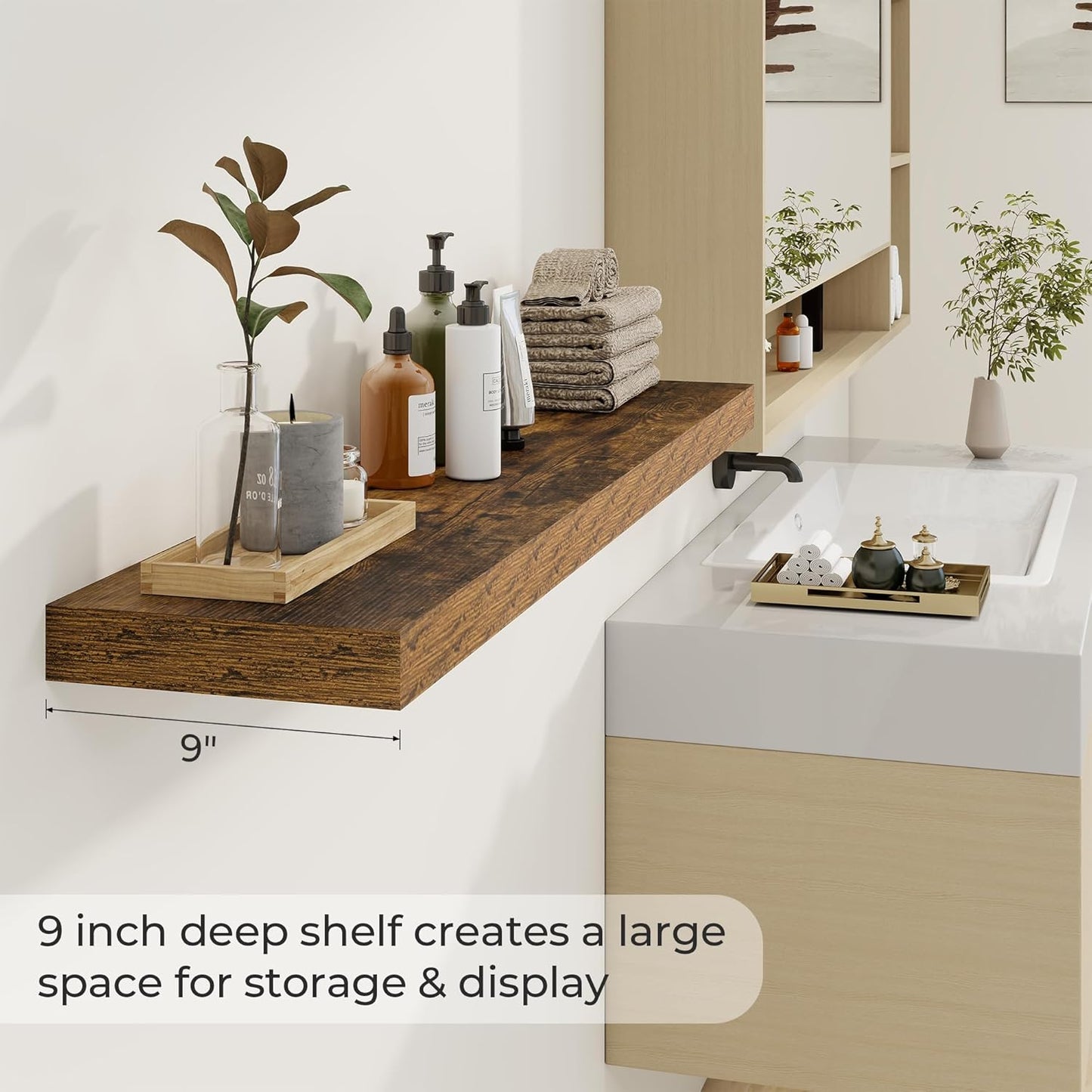48 inch Floating Shelves for Wall Large Wall Mounted Shelves with Invisible Brackets, Brown Long Shelves for Bathroom, Living Room, Kitchen, Office, 48x9.1 inch deep Set of 2