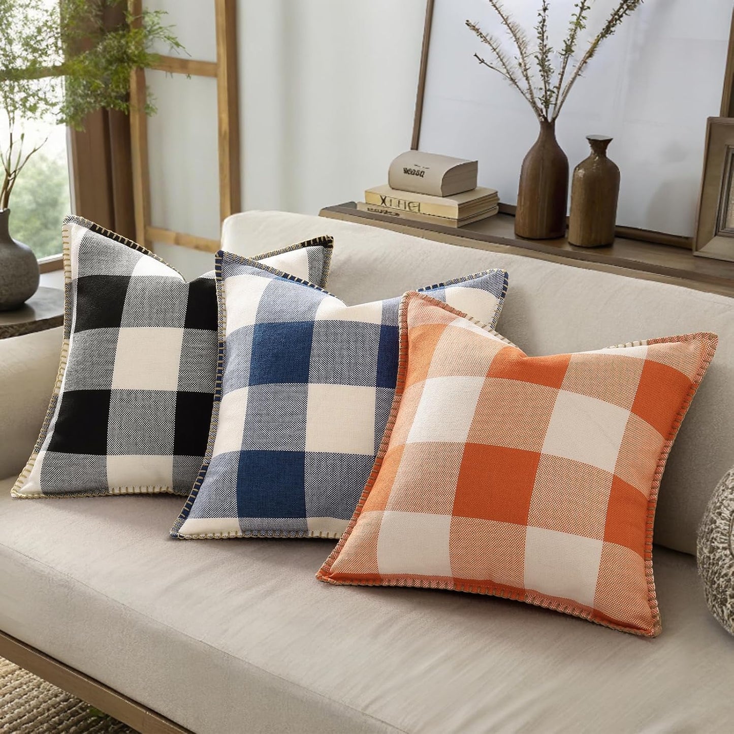 decorUhome Buffalo Plaid Check Throw Pillow Covers 16x16 Set of 2, Outdoor Decorative Farmhouse Neutral Pillow Covers with Stitched Edge for Bed Couch Sofa, Navy Blue and White