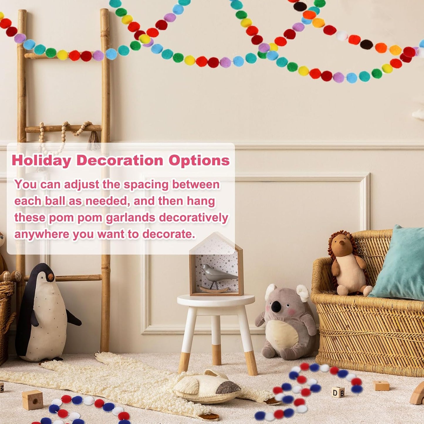 PATIKIL 13Ft Pom Pom Garland Decorations, 2Pcs Colorful Felt Ball Garland Banner Cute Rainbow Pompom Hanging Decorations for Tree Ornaments Homes Decor, White/Blue Series