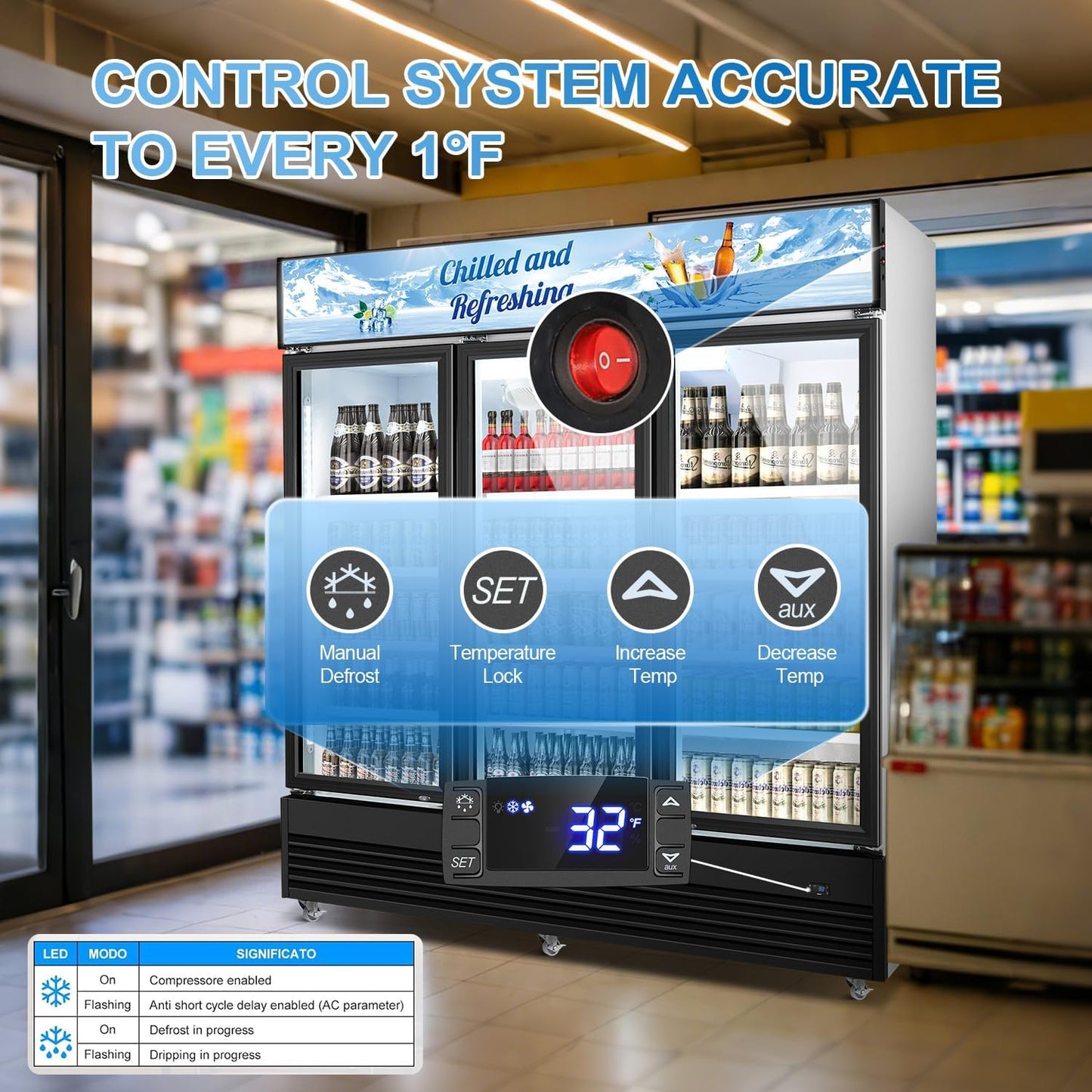 Tylza Commercial Refrigerator, Three Glass Door Display Beverage Fridge, 59.06 Cu Ft Upright Beverage Cooler Merchandiser with Replaceable Advertising Light Board, Rebound Door, Fast Cooling
