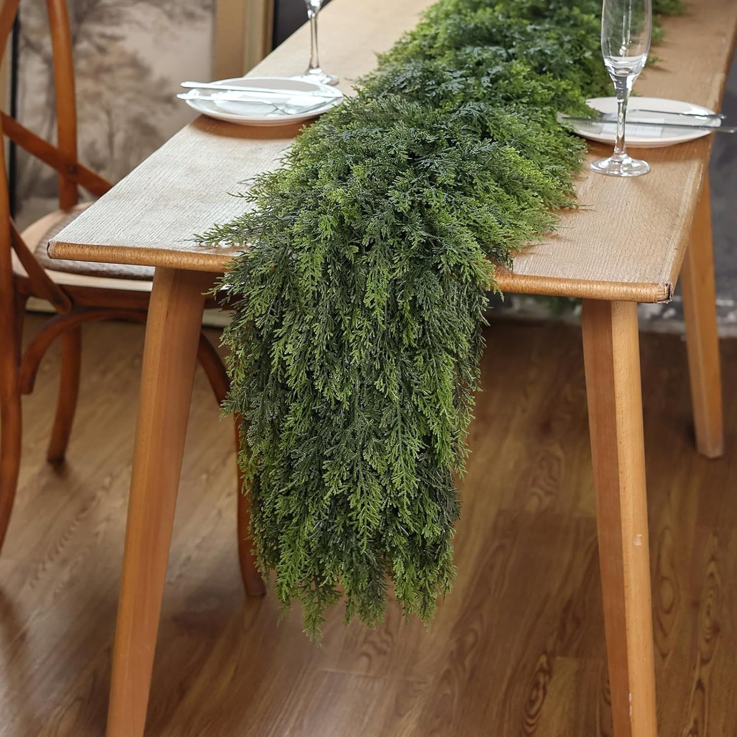Real Touch Christmas Cedar Garland -9ft Artificial Garlands Faux Cedar Fake Pine Needles Garland for Fireplace,Table,Window,Stairs,Mante,Holiday Indoor Outdoor Xmas Decor(2PCS)