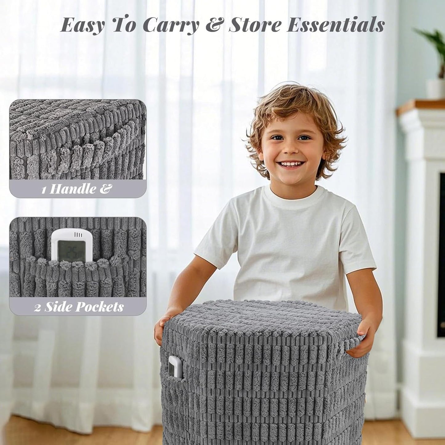Hexagon Pouf Ottoman Stuffed with 2 Pockets & Handle, Comfort Corduroy Poufs, Non-Slip Foot Stool Storage Ottoman, Foam Floor Poufs Foot Rest for Couch, Bedroom (Gray)
