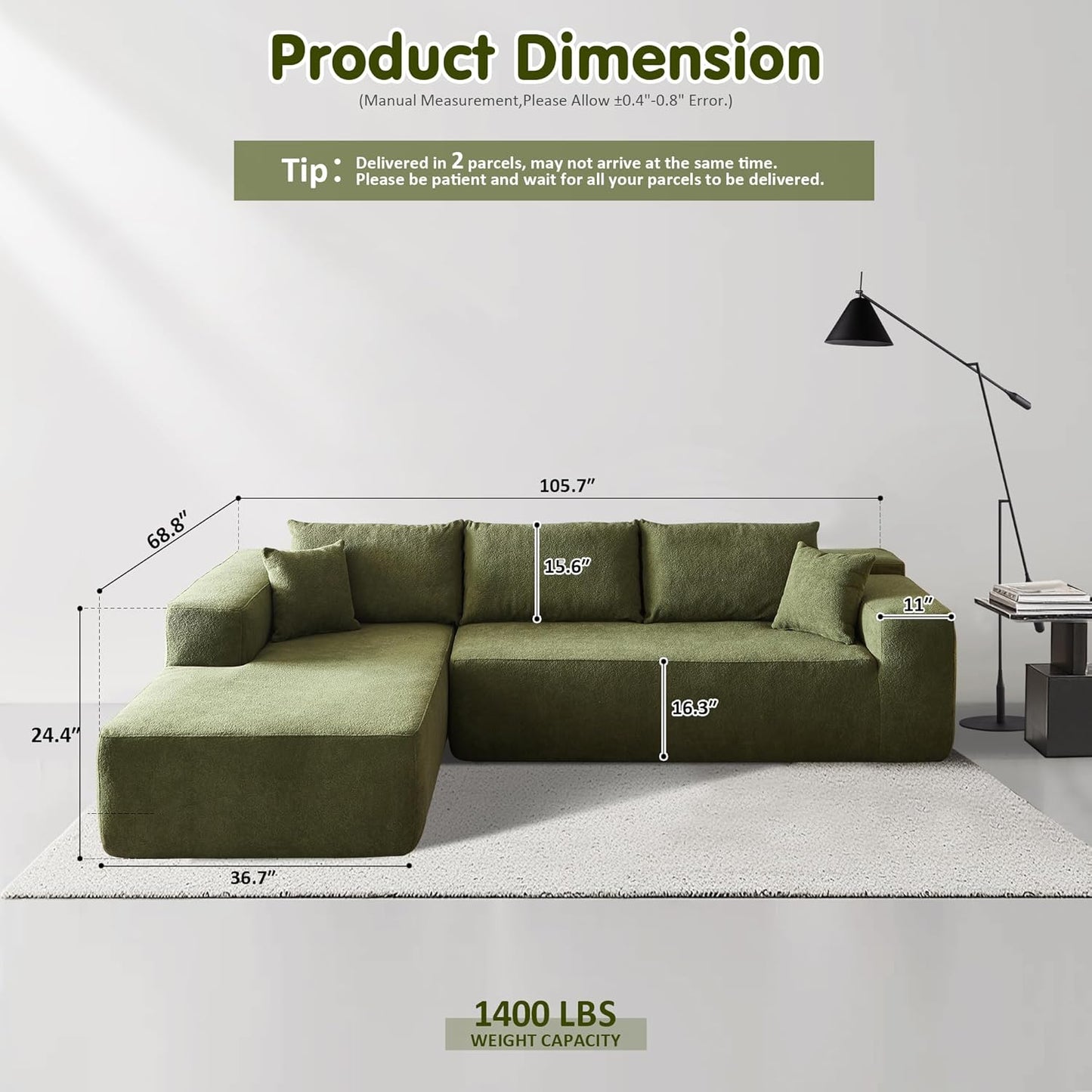 ovios 104" Cloud Sectional Couch with L-Shape Chaise,Modern Modular Sofa with Deep Seat, Upholstered Couches for Living Room Bedroom,No Assembly Required, Green (Cloud Velvet)