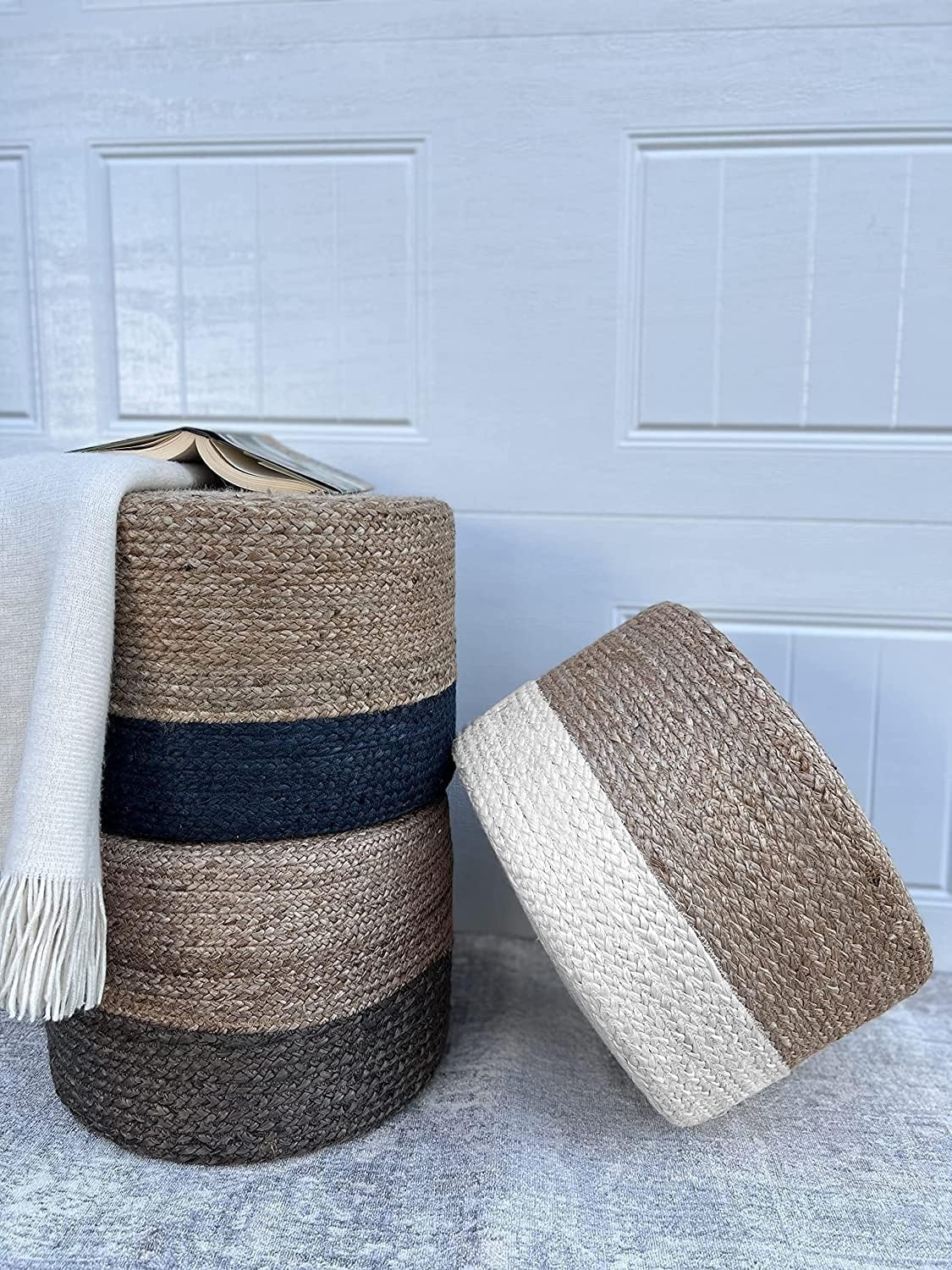 Jute Pouf Ottoman | Footrest Pouf | Hand Braided - Round Boho Pouffe - for Living Room, Bedroom, Nursery (20"x20"x10") Navy