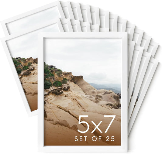 HAUS AND HUES 5x7 White Metal Picture Frames - Bulk Frames 5X7 - Features Premium Aluminum, Vertical Hanging, Easel Back for Tabletop, Home, Office (5x7 in, White, Set of 25)
