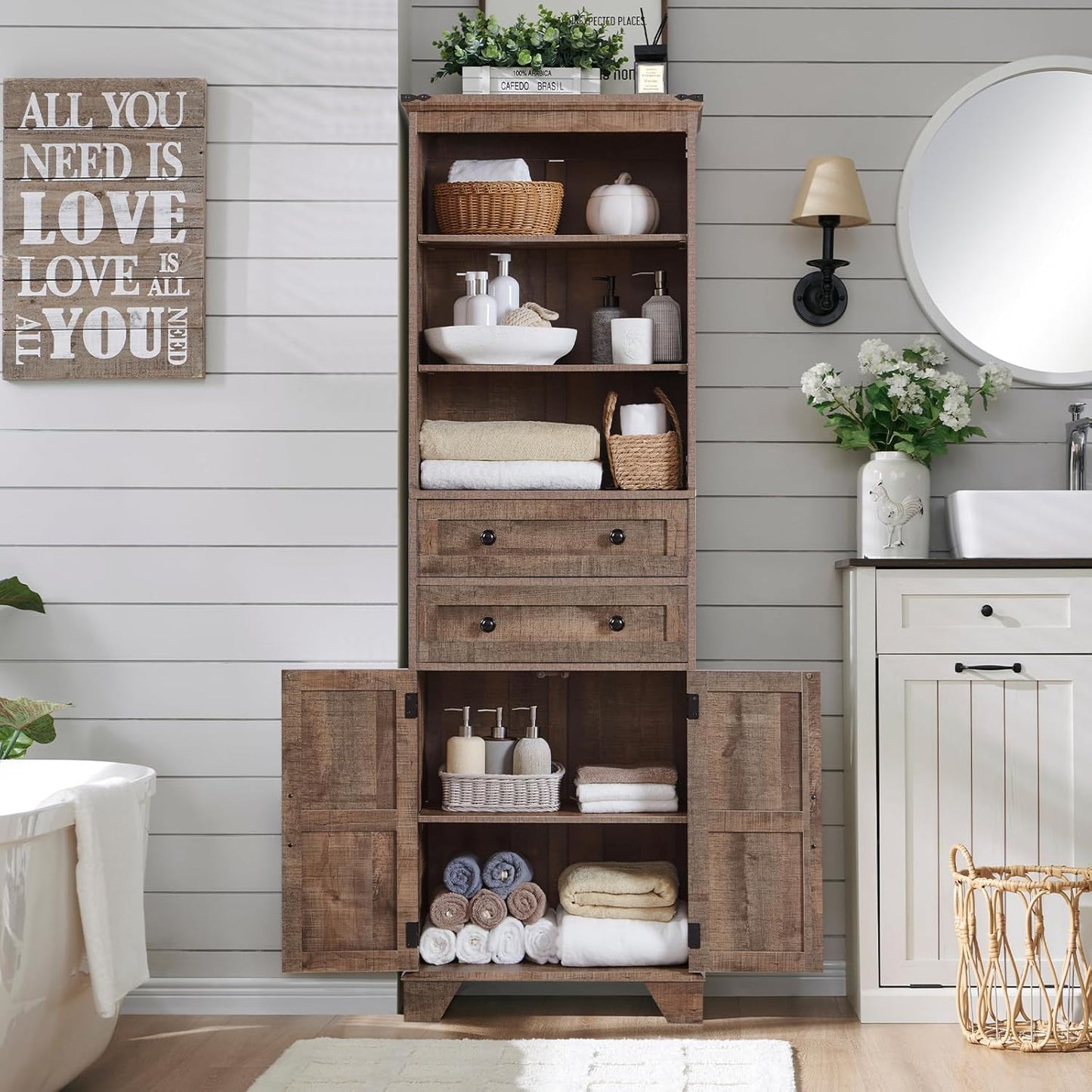 Farmhouse Bathroom Cabinet, 72" Tall Storage Cabinet with 2 Drawers, Adjustable Shelves & Barn Door, Cabinets for Bathroom, Living Room, Kitchen, Rustic Brown