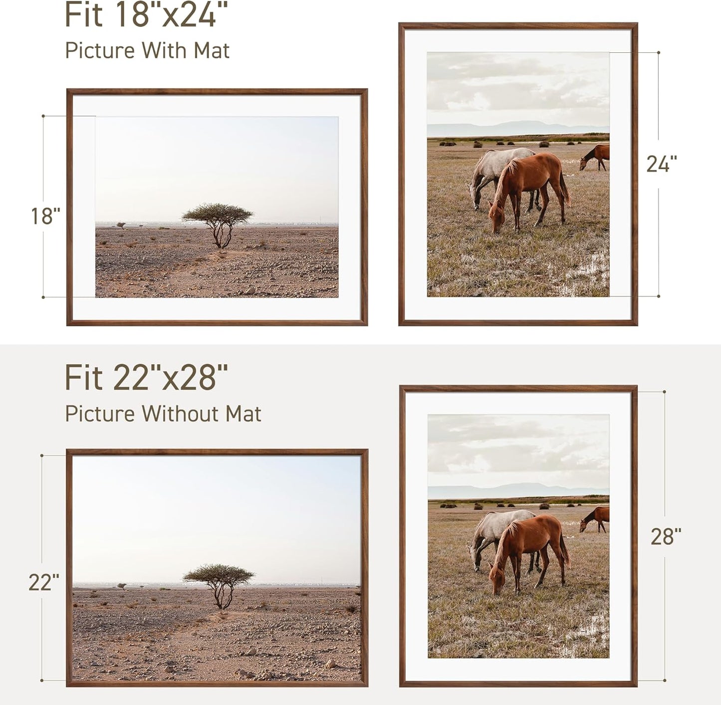 22x28 Poster Frame Set of 2 Natural Solid Walnut Photo Frames with 18x24 Removable Mat Wall Hanging Large Handcrafted Frame with HD Plexiglass Wall and Tabletop Display Large Picture Frame