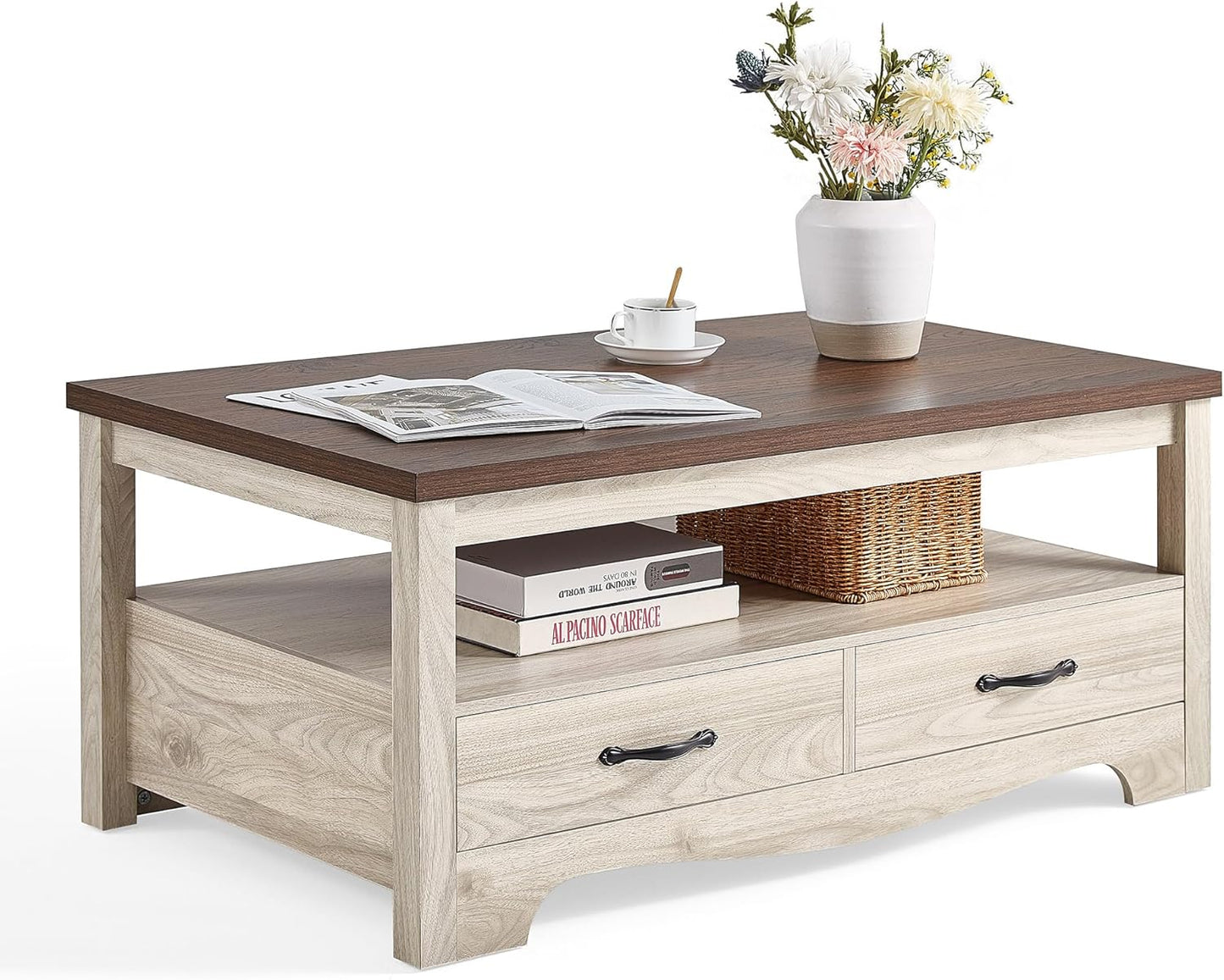 LINSY HOME Farmhouse Coffee Table with Storage, Wood Coffee Table for Living Room, Open Display Area and Storage Drawers with Metal Handles, Chic Style with Curved Base. Oak and Brown