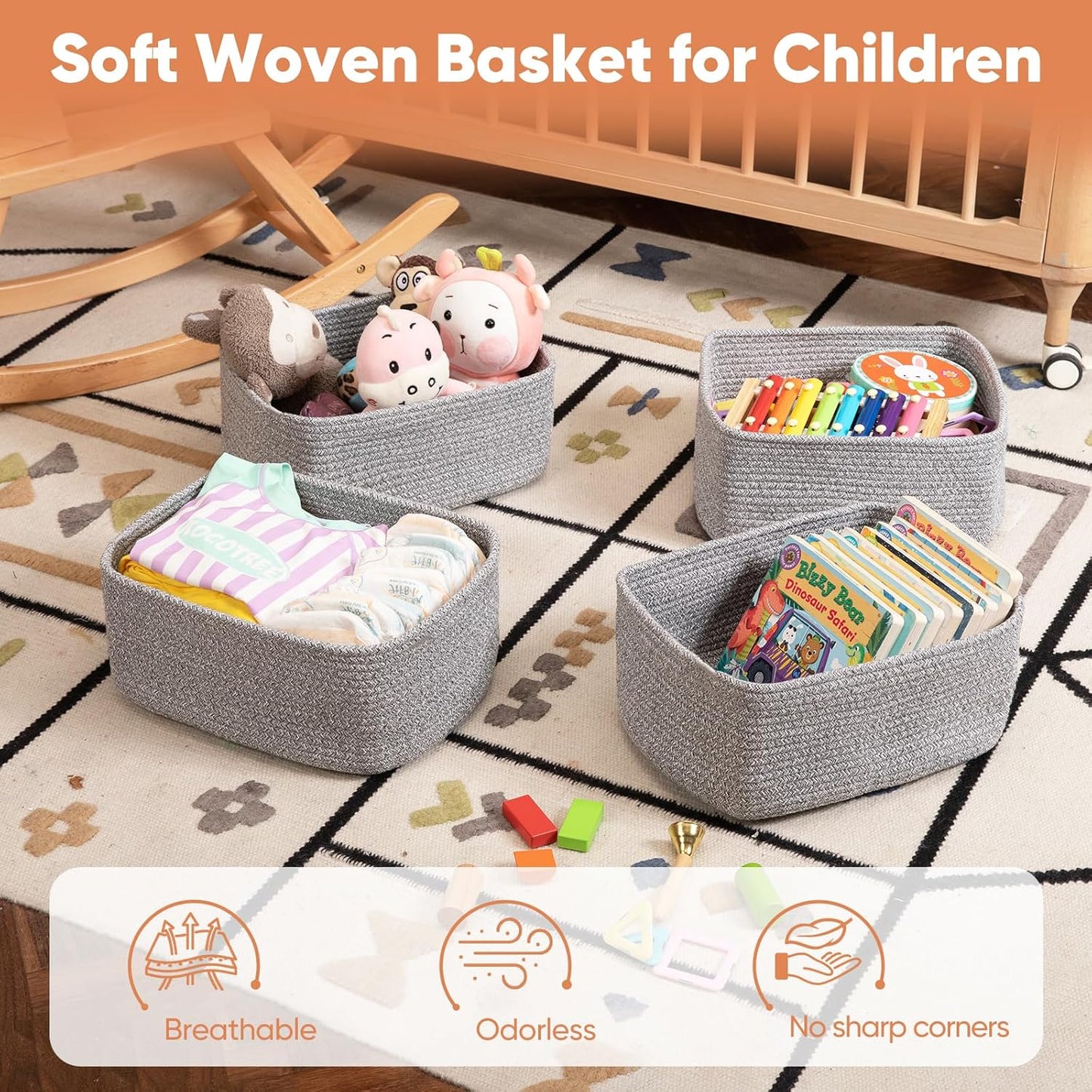 OIAHOMY 4 Pack 14.17*11.02*6.3IN Storage Baskets for Organizing Shelves, Woven Rope Baskets for Organizing Books, Clothes, Decorative Basket for Living Room, Nursery, Bedroom, Gift Basket, White