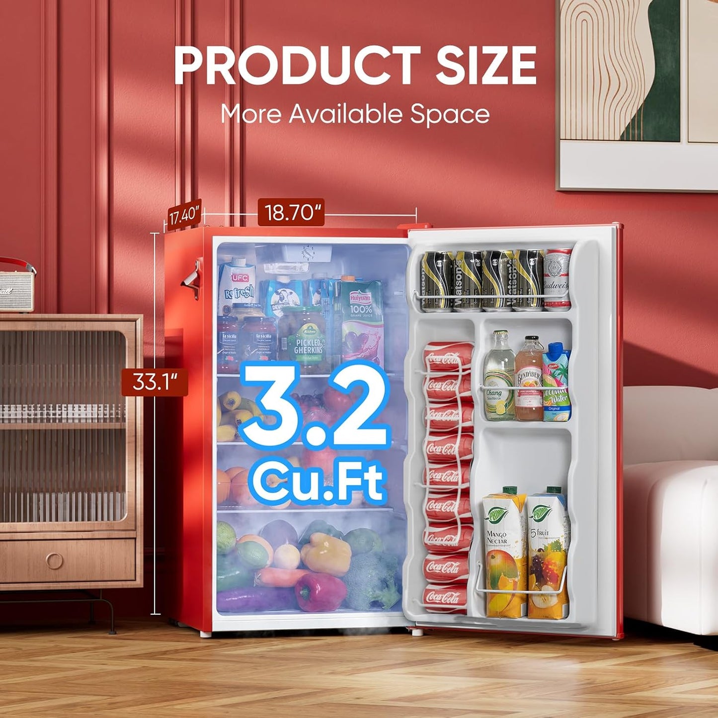 Upstreman 3.2 Cu.Ft Retro Mini Fridge with Bottle Opener, Energy Saving, Adjustable Thermostat, Metal Handle, LED Lamp, Mini Refrigerator for Bedroom, Office, Dorm-BR321 PRO (Red)