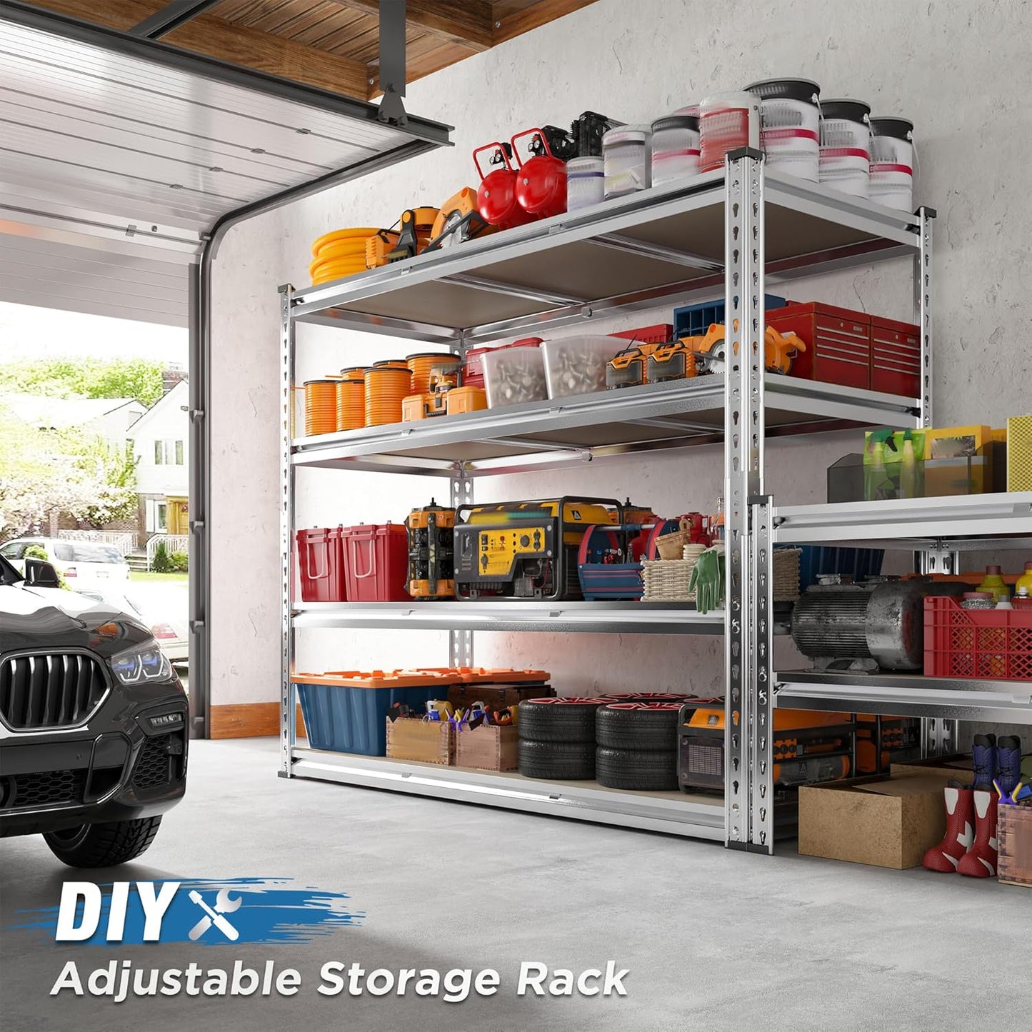 REIBII Garage Shelving, 4 Tier Storage Shelves Load 2000LBS, Adjustable Garage Shelving Heavy Duty, Metal Shelves Unit for Basement, Warehouse, 48" W x 60" H x 18" D, Galvanized