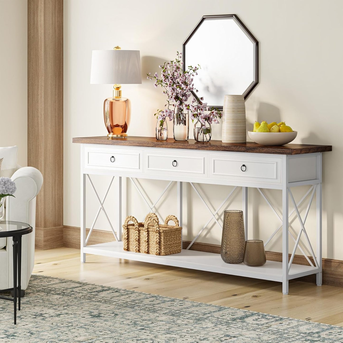 Tribesigns 70.8" Console Table with 3 Drawers, Farmhouse Entryway Table with Storage Shelf, Narrow Long Sofa Foyer Table for Entryway, Hallway (White/Brown)