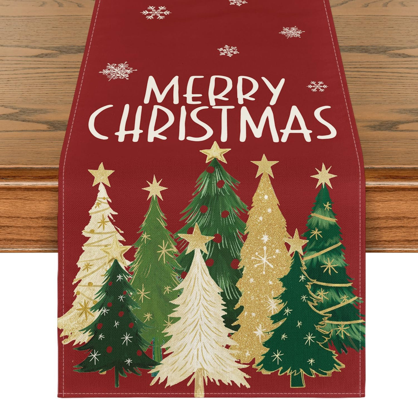 Artoid Mode Xmas Trees Snowflakes Red 210 GSM Merry Christmas Table Runner, Winter Kitchen Dining Table Decoration for Home Party Decor 13x108 Inch
