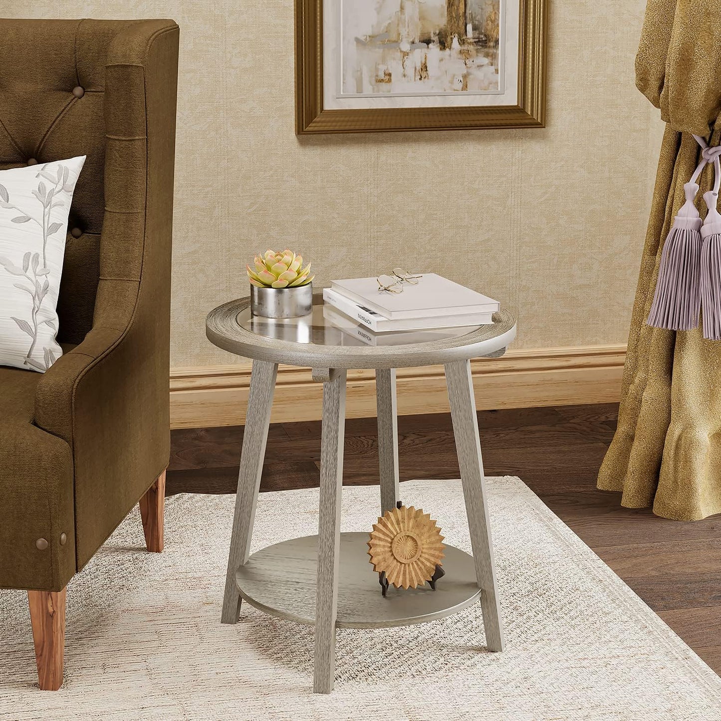 COSIEST 2-Tier End Table with Tempered Glass Top, Round MDF Side Table with Storage Shelf, Modern Wood Accent Table for Bedroom Living Room Home Office, Antique Silver