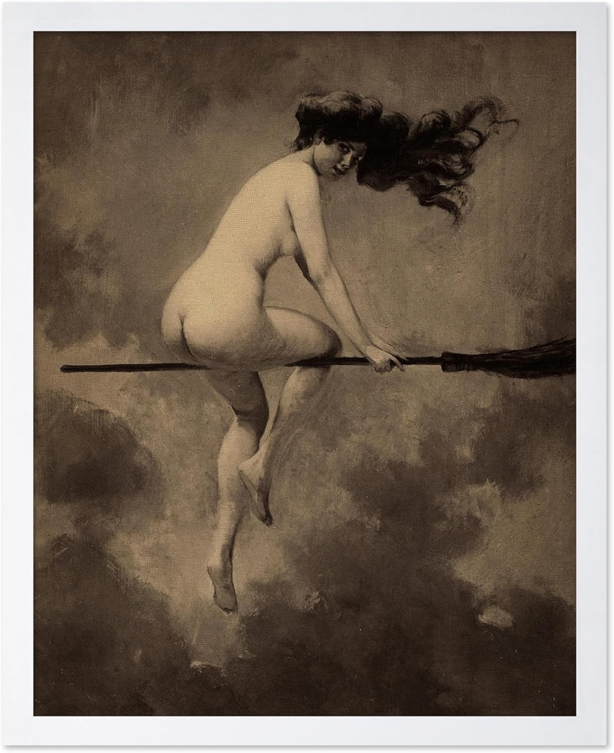 Poster Master Vintage Albert Joseph Penot Poster - Retro Halloween Print - Gift for Artist, Friend - Departure for the Sabbath, Naked Witch on Broom - Wall Decor for Bedroom, 16x20 White Framed