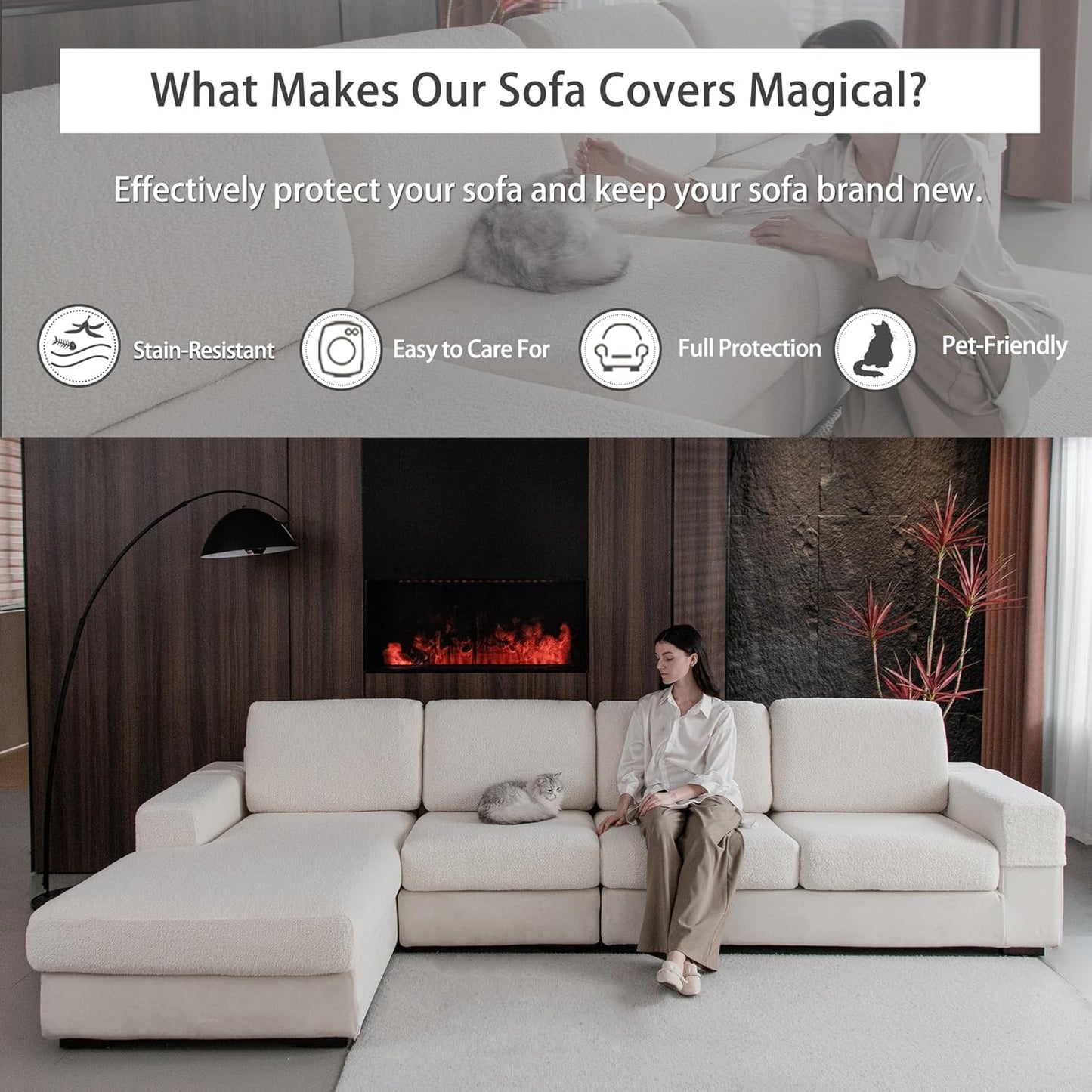 Couch Cushion Covers for Sectional Sofa, Stretch Soft Sofa Slipcovers Washable Wear-Resistant Universal Furniture Protector for Living Room(3 Seaters Covers+1 Chaise Cover, Ivory)