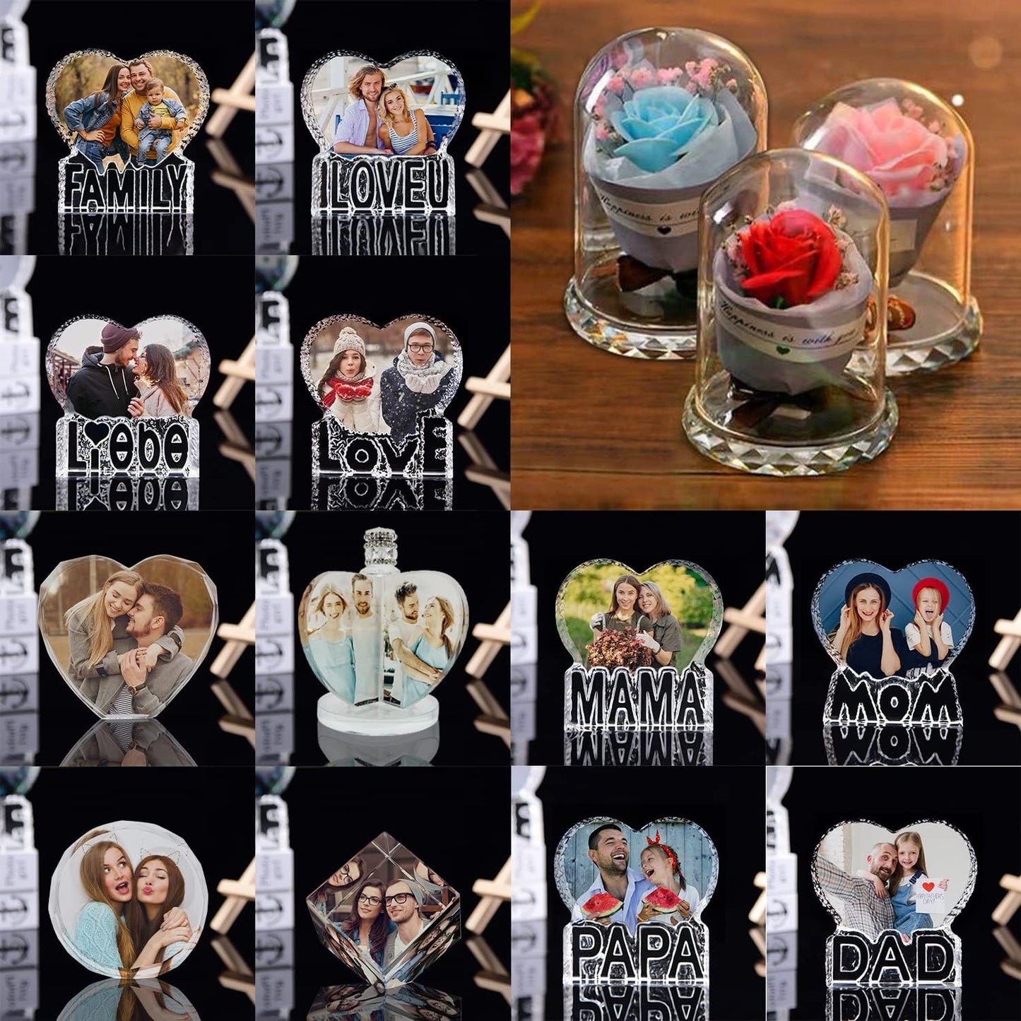 Personalized Heart Crystal Print with Your Photo, Office Desktop Decor Personalized Picture Gifts Glass Clear Frame with Bluetooth Rotary Speaker Color Led Light Changing Mood Light