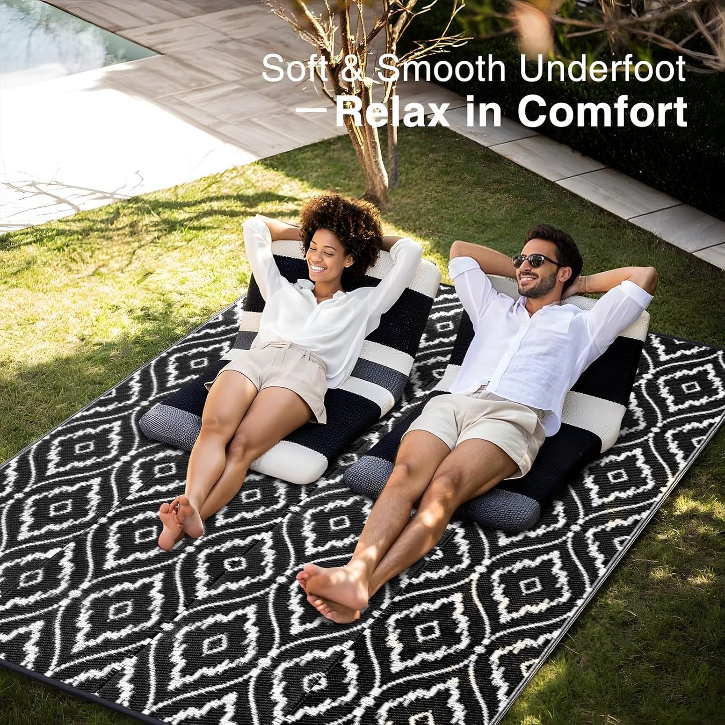 OLANLY Outdoor Rug 9x12 ft Waterproof, Outdoor Plastic Straw Rug with Geometric Pattern Clearance, Reversible RV Mat for Patio, Camping, Balcony, Deck, Backyard, Black & White