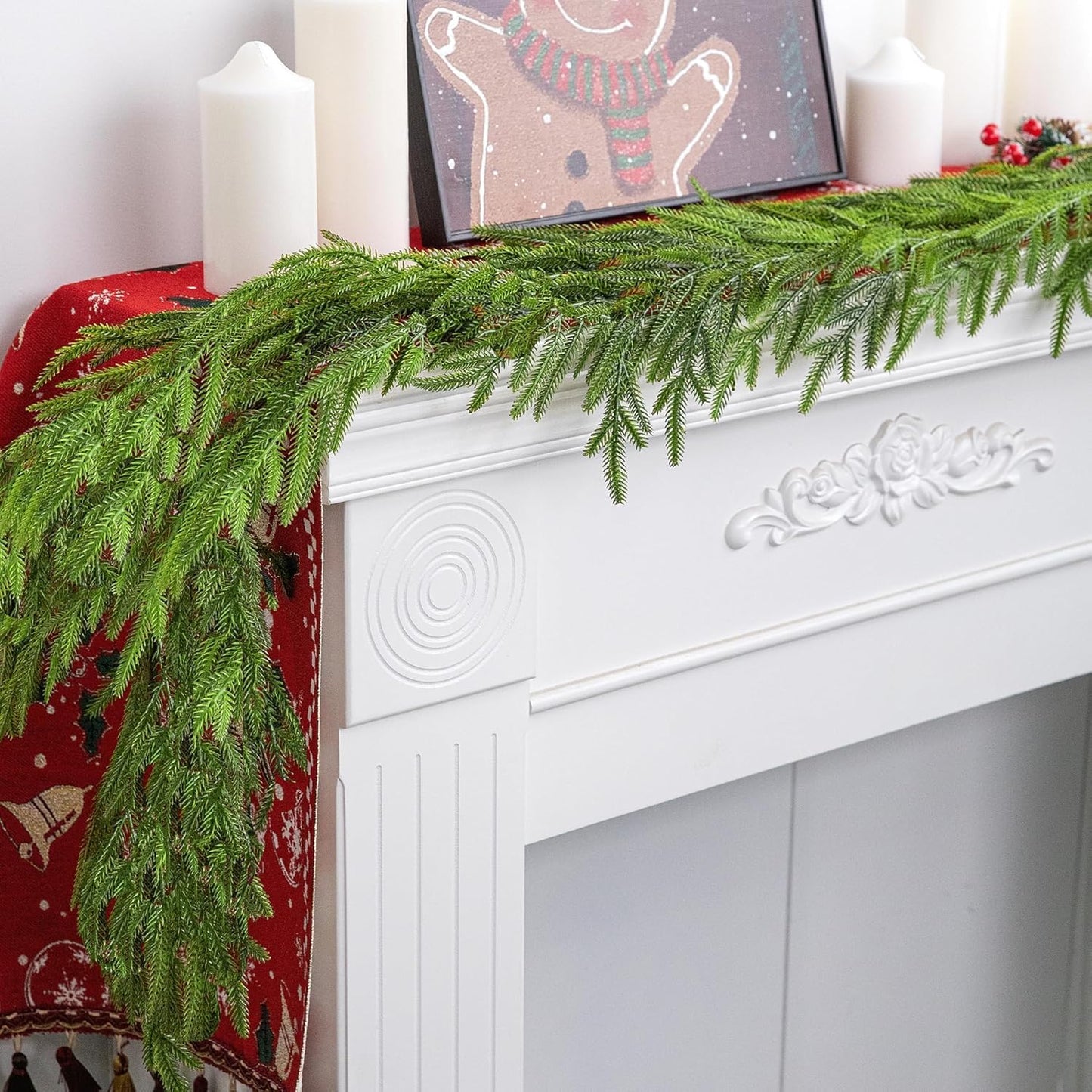 Watayo 4 Pcs Christmas Norfolk Pine Garland, 6 Ft Dense Real Touch Pine Garland Ornament, Realistic Artificial Pines Greenery Garlands for Mantle, Table, Fireplace, Indoor, Outdoor Xmas Decoration