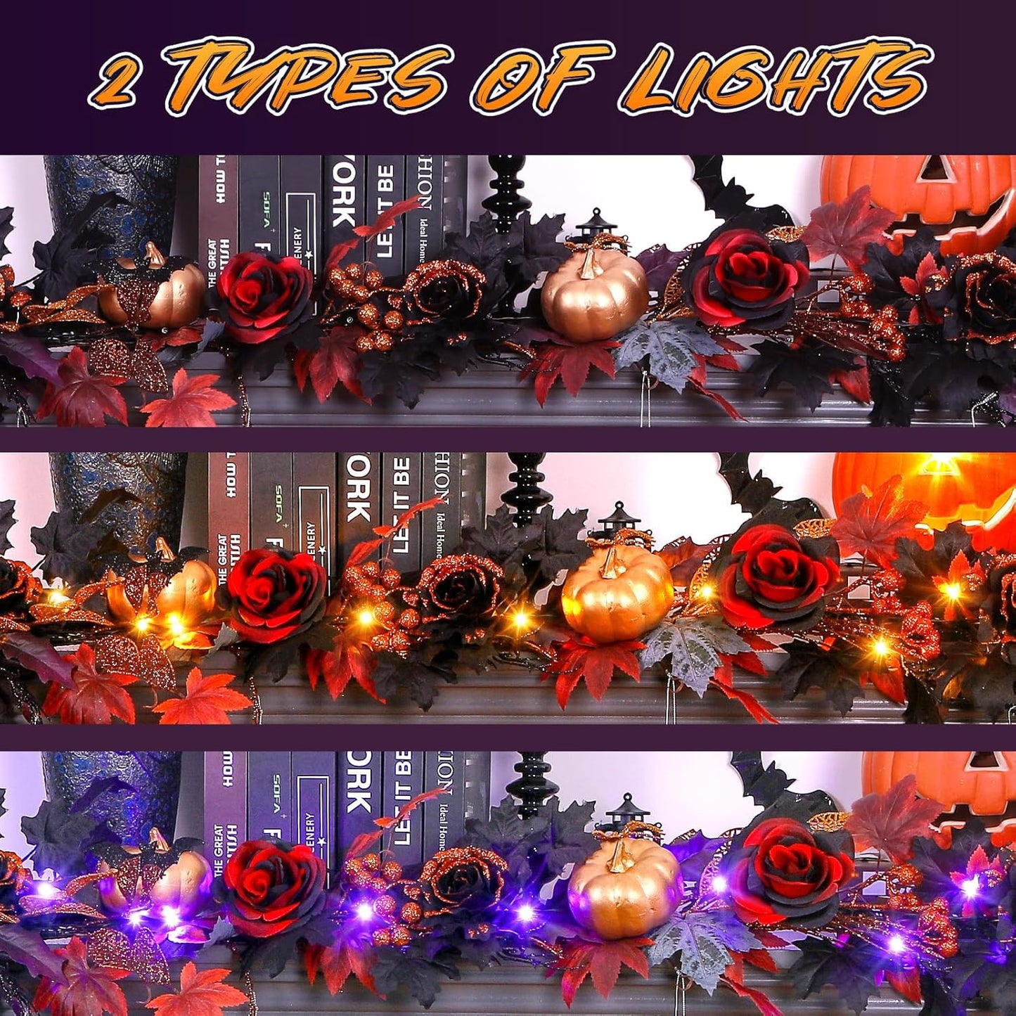 SHareconn 9FT Halloween Garland with Purple Lights Battery Operated and Timer, Pre-Lit Black Red Maple Leaves Lighted Garland Decorations for Fireplace Mantle Centerpiece Indoor Outdoor Decor, 9 FT