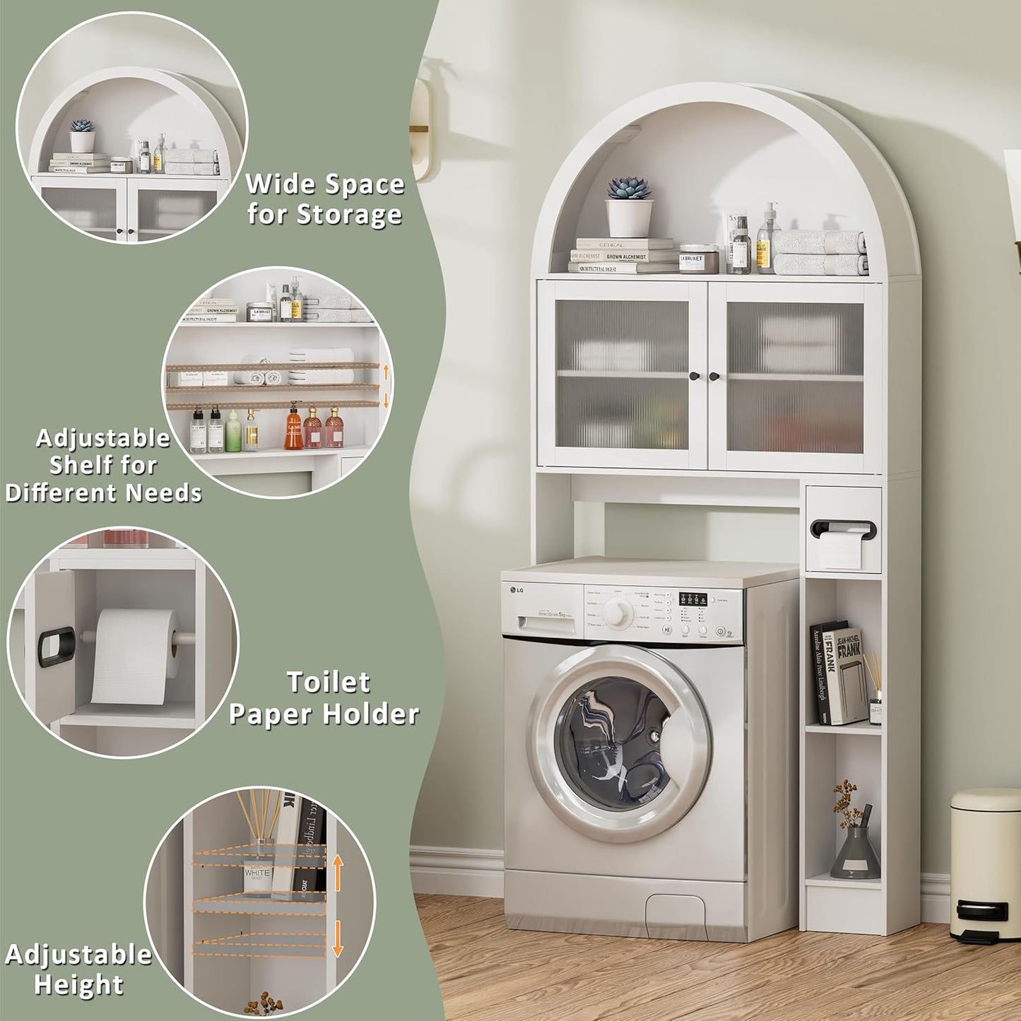 Over The Toilet Storage Cabinet, 31''W Arched Space-Saving Bathroom Organizer with Adjustable Shelf and Acrylic Doors, Freestanding Over Toilet Cabinet for Bathroom, Laundry, Restroom (White)