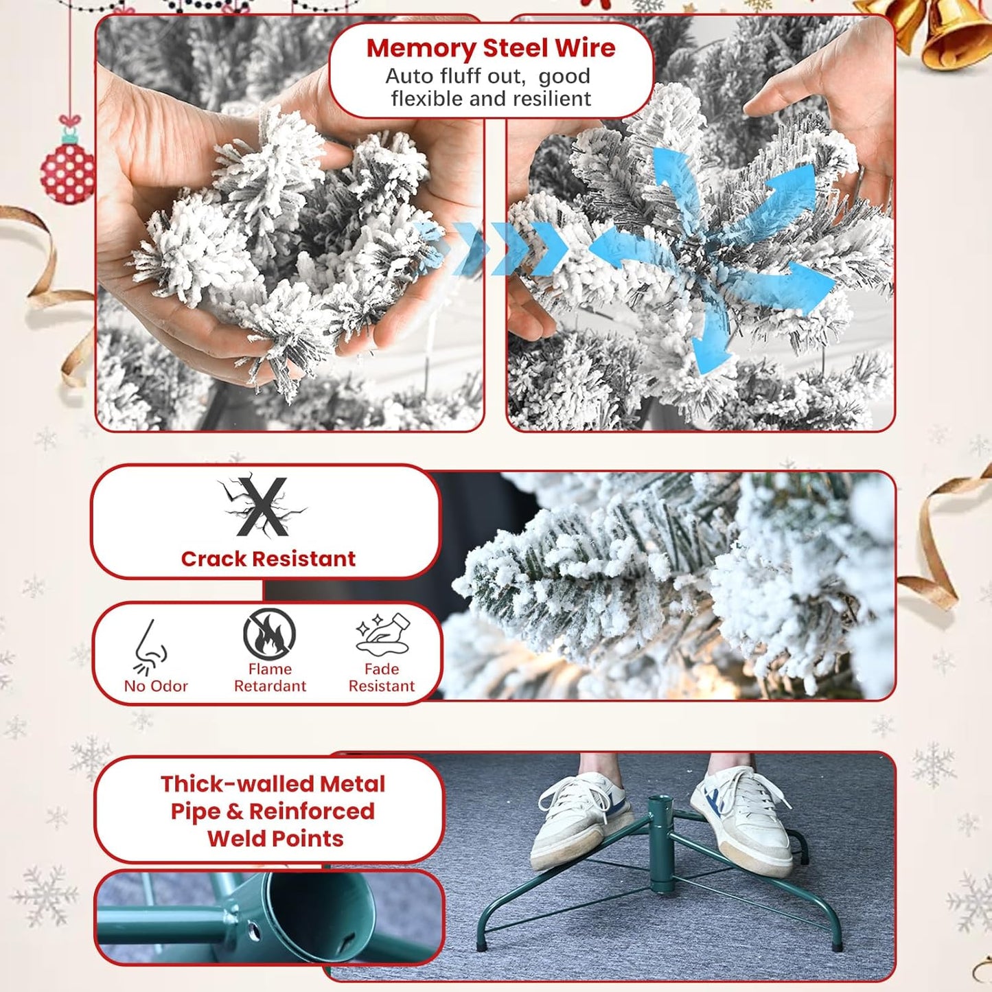 7ft Snow Flocked Christmas Tree, Premium Hinged Unlit Artificial Christmas Pine Tree with Pine Cone, Artificial Xmas Tree for Home Office Store, Metal Stand and Hinged Branches