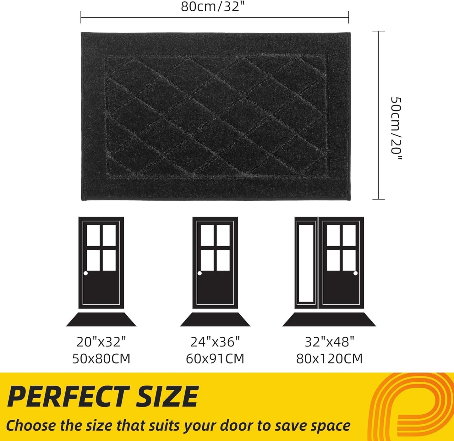JSEI Dirt Trapper Door Mat 20"x32", Non-Slip Washable Entryway Mats, Dog Door Mat, Stain Resistant and Absorbent Floor Mats, Low Profile Welcome Mat for Front Back Door, Black