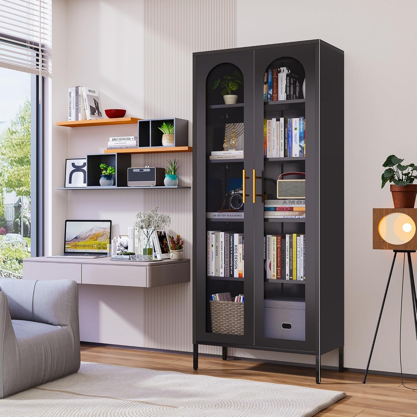 71" Tall Display Cabinet, 5-Tier Bookshelf with Doors & Adjustable Shelf, Modern Storage Cabinets Ideal for Book, Wine, Collectibles, Free Standing Bookcase for Home, Office, Living Room