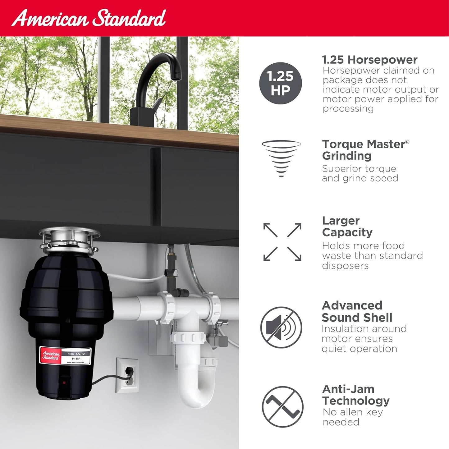 American Standard 10-US-AS-12 Garbage Disposal Anti-Jam Stainless Steel Food Waste Grinding System, Heavy Duty, 1.25 HP, Black