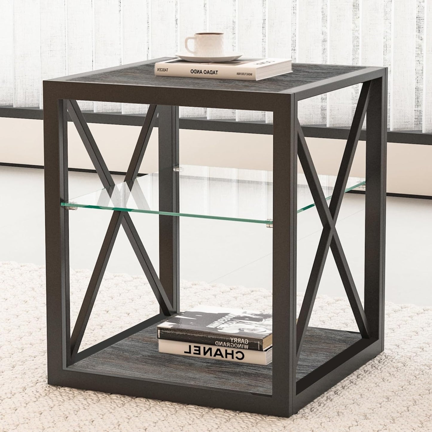 Farmhouse End Table Set of 2, Modern Side Table with 3-Tier Storage Shelf, Square Rustic Nightstand, Accent Tea Table, for Bedroom Office Living Room, Grey, Natural Wood, Glass, Metal