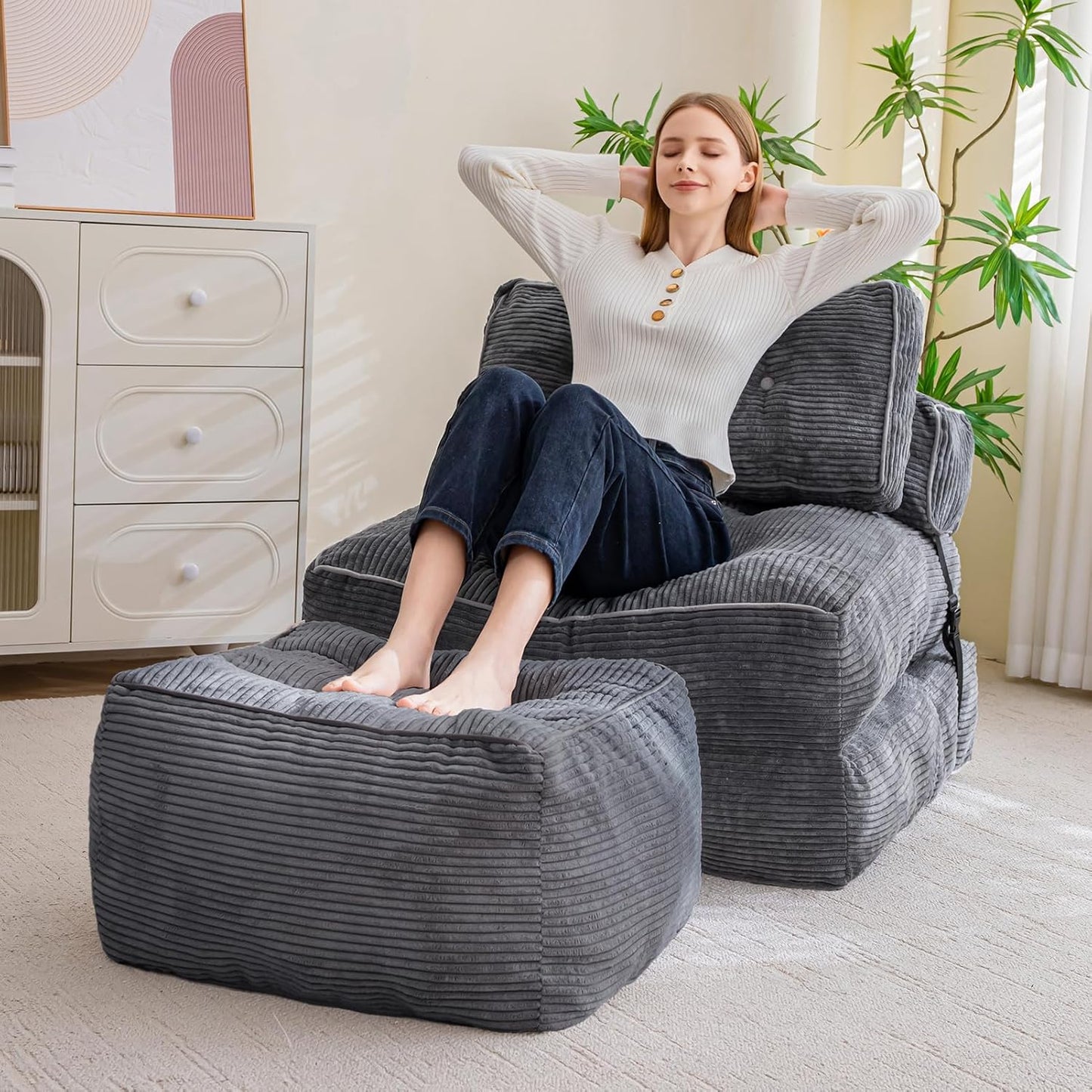 HIGOGOGO Square Stuffed Pouf Ottoman, Corduroy Poufs with Foam Chunk Filling, Furry and Fluffy Pouf Foot Stool Storage Ottoman, 25.6 X 25.6 Floor Poufs Foot Rest for Living Room, Dark Grey