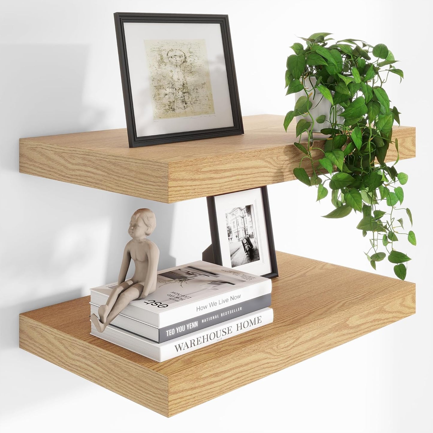 Heimlove 24 x 12 Inch Deep Floating Shelves Wall Mounted with Invisible Brackets,Storage Hanging Shelf for Wall Decor in Bathroom, Bedroom, Toilet, Kitchen, Living Room, Office Set of 2 (Oak)