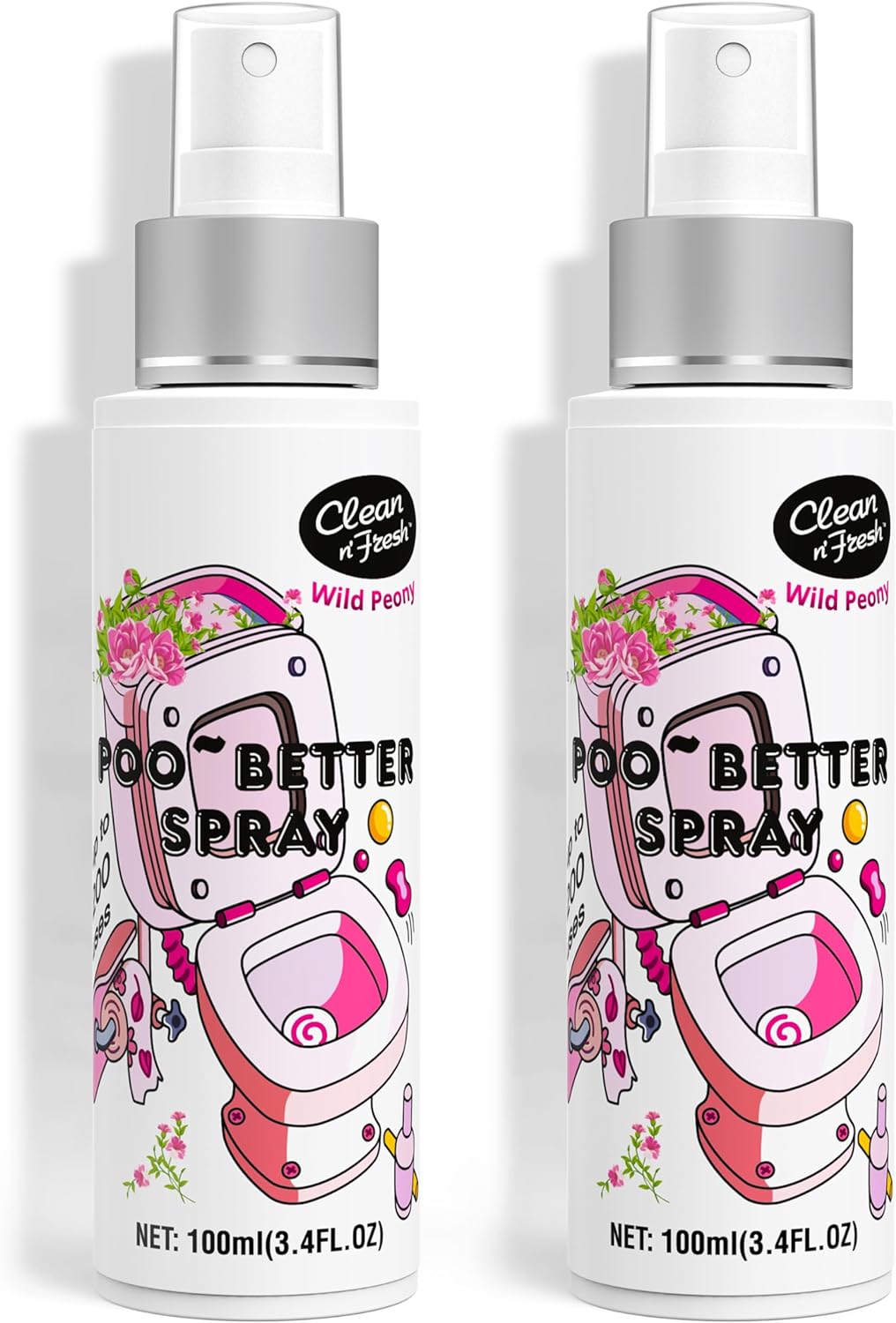 Clean-n-Fresh Toilet Spray, Wild Peony Scent, Bathroom Odor Eliminator & Air Freshener For Room, Trash Cans, Shoes, Fabrics, 3.4 Fl Oz(2 Pack)