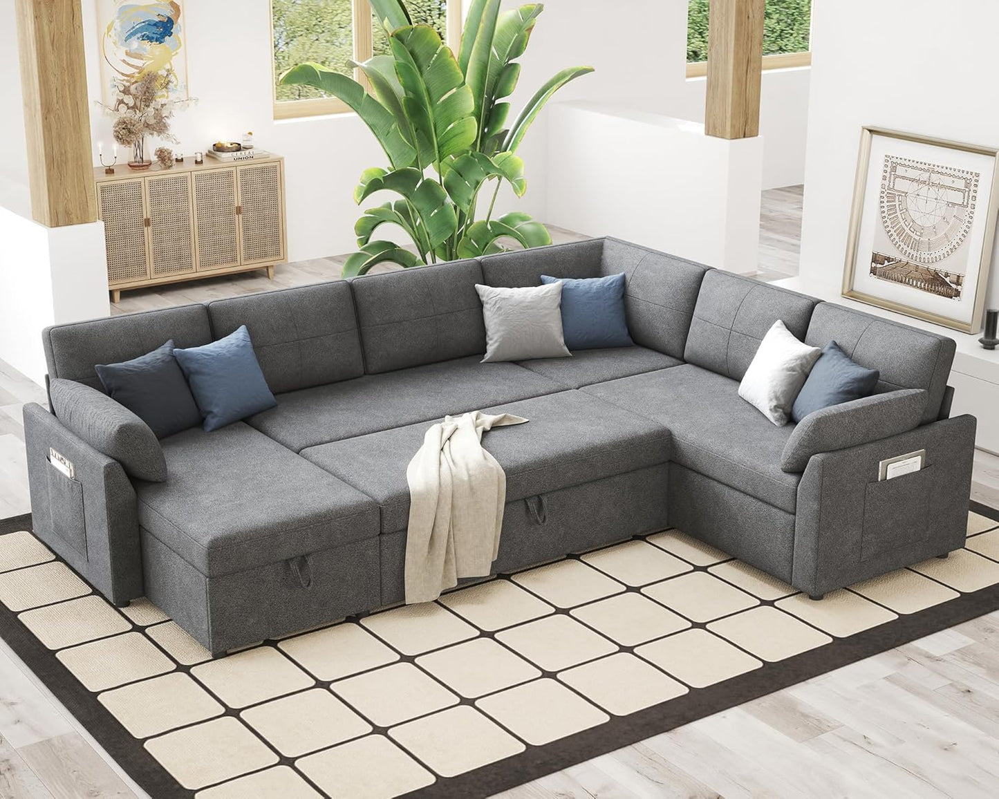 VanAcc Pull Out Sofa, 112 Inch Oversized U Shape Sleeper Sofa Couch with Storage Chaise & 3 Seater, Comfy Couch with Pull Out Bed for Living Room, Grey Linen