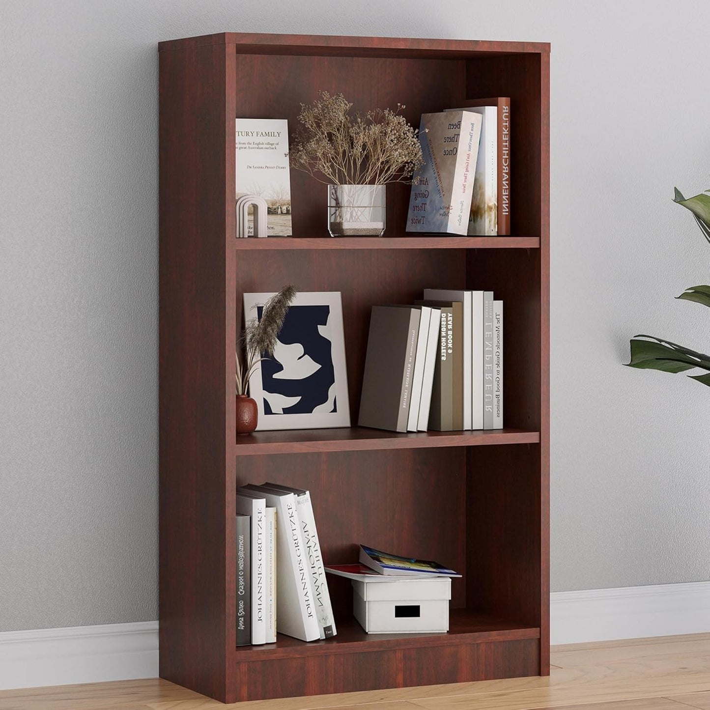 Bookshelf, Open Modern Bookshelf, 3 Shelf Bookcase with Freestanding Display Storage, Wooden Book Shelf for Bedroom, Living Room, Dinning Room, Office, Brown