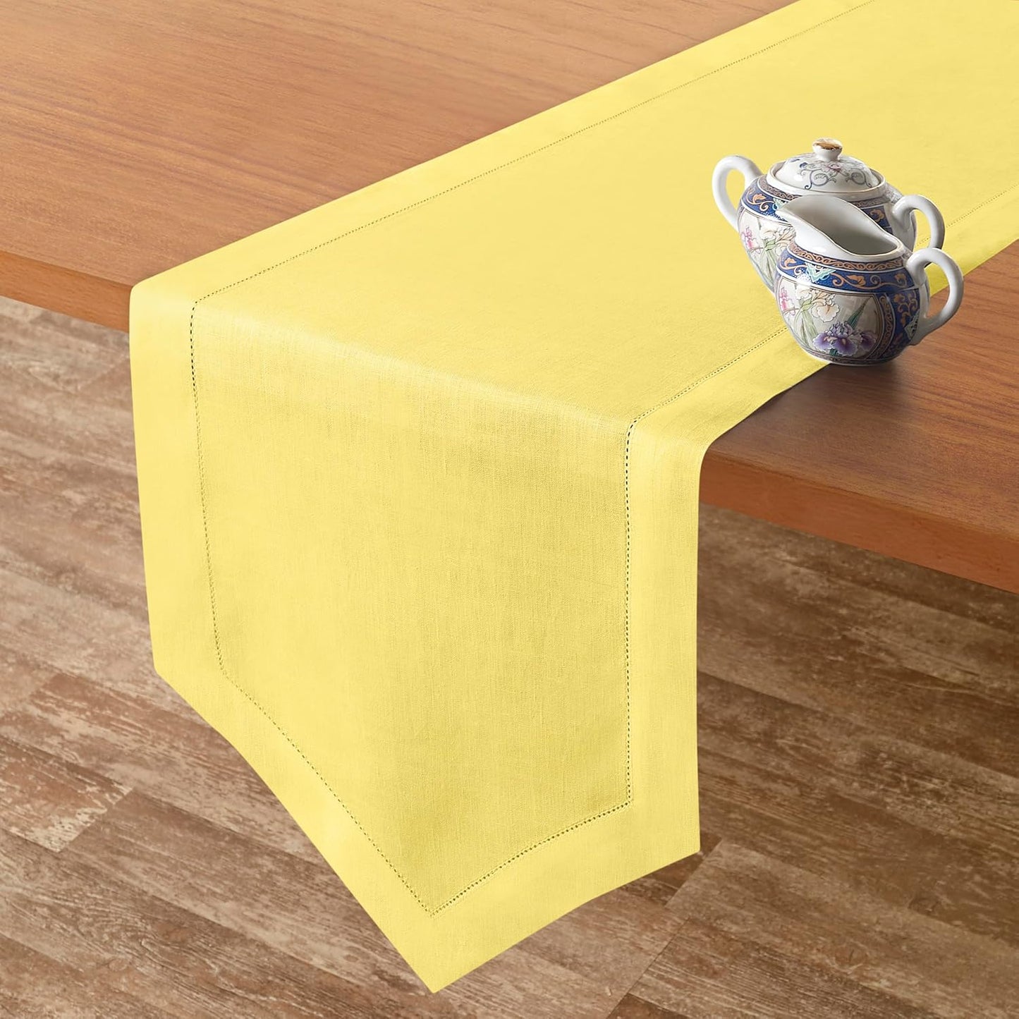 D'Moksha Homes Lemon Yellow Linen Table Runner 108 Inches Long - 100% Pure Linen Diamond Table Runner 14 x 108 Inch for Dining, Fall and Halloween - Machine Washable