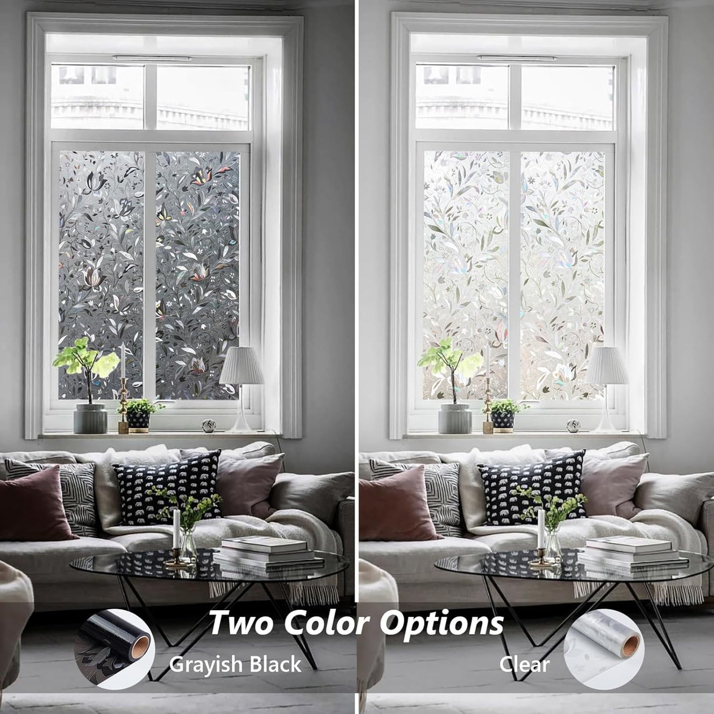 Kromapolis Window Film, Window Privacy Film Frosted, Vinyl Glass Covering, Stained Glass Decorative Film, Static Window Clings, Non-Adhesive (Grayish Black, 35.4 x 78.7 inch)