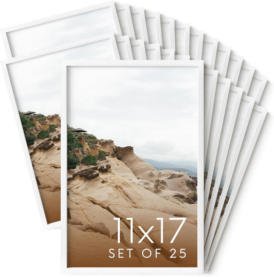 HAUS AND HUES 11x17 White Metal Picture Frames - Features Premium Aluminum, Vertical & Horizontal Hang, Shatterproof Plexiglass - Perfect for Home, Room, Office (11x17 in, White, Set of 25)