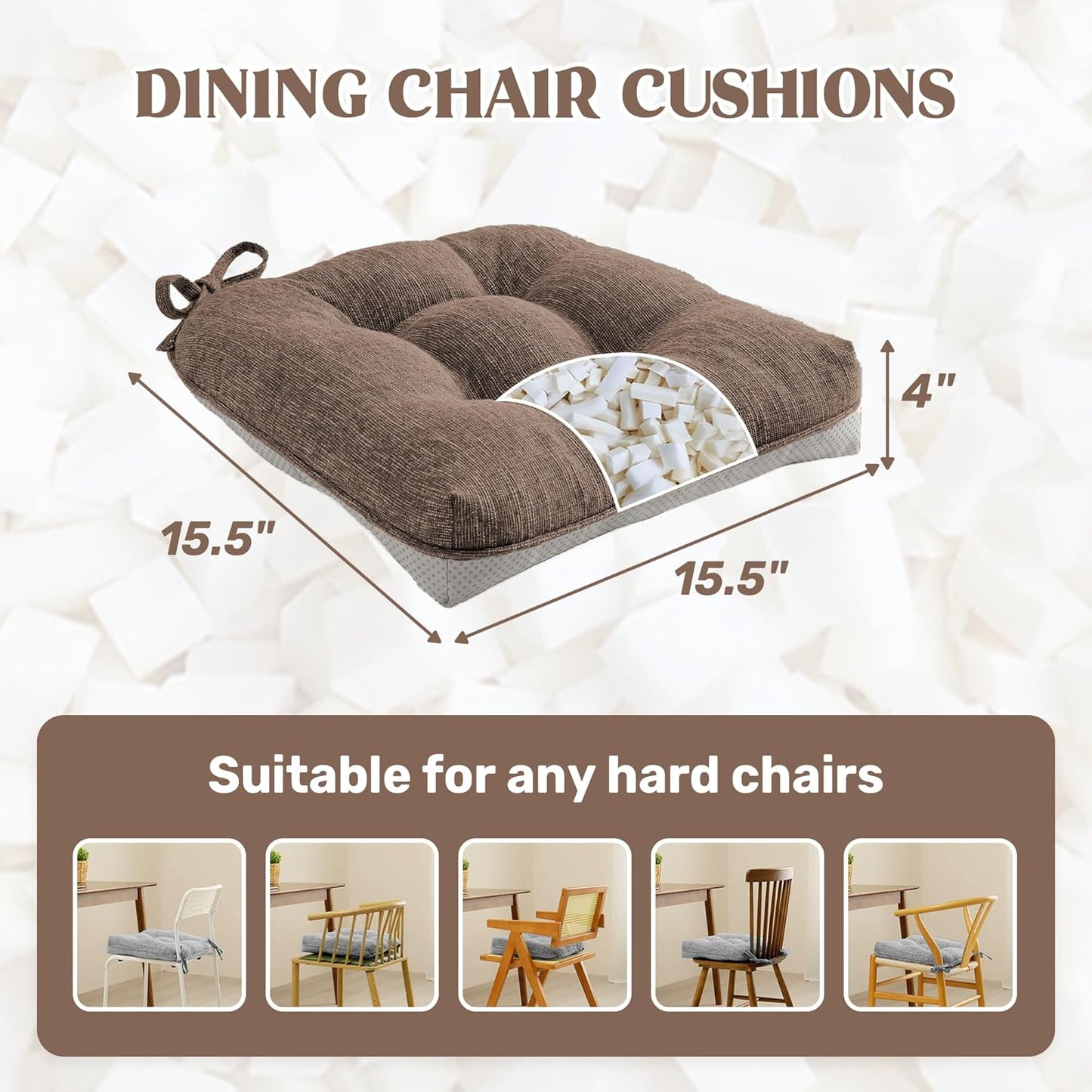 puredown® Chair Cushions for Dining Chairs, Tufted Memory Foam Chair Pads with Non-Slip Backing, Kitchen Seat Cushions with Ties, Washable Seat Pad Set of 4, 15.5" x 15.5" x 4", Coffee