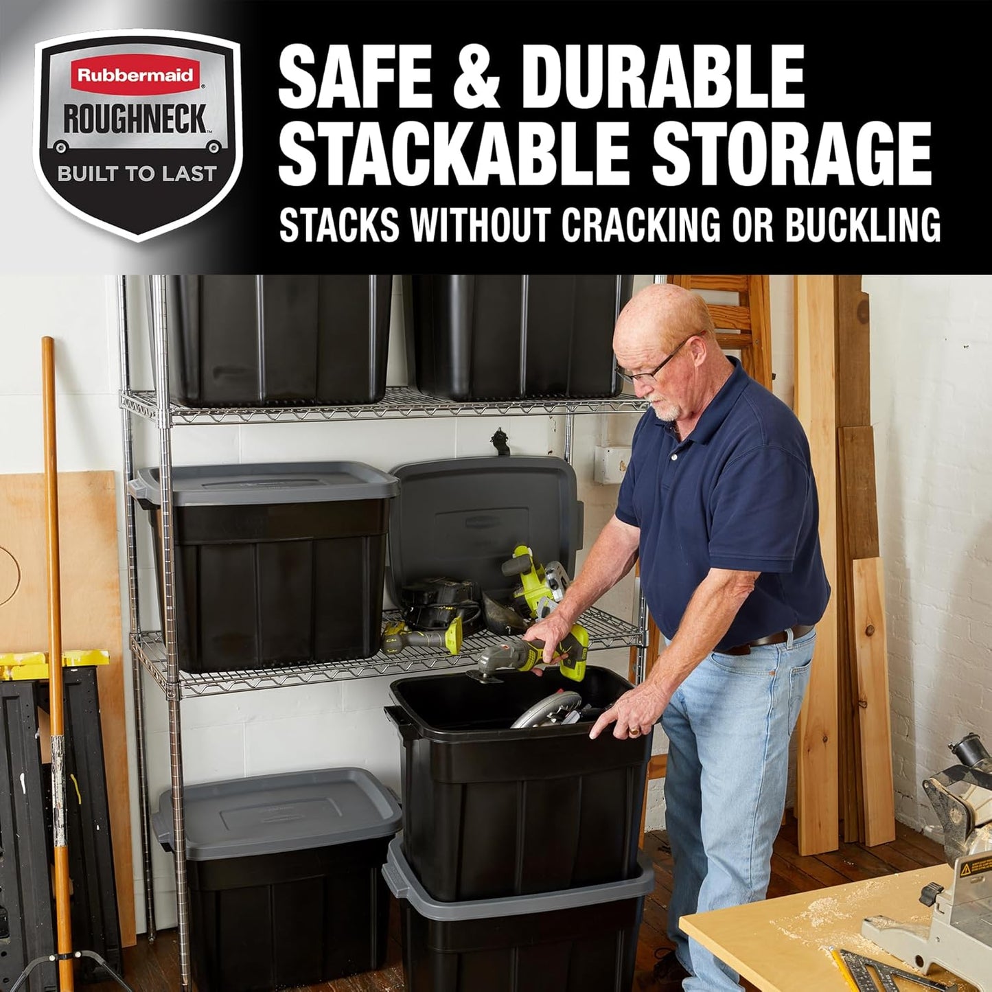 Rubbermaid Roughneck Tote 18 Gal, 6 Pack, Made in USA, Black & Gray, Rugged Plastic Stackable Storage Bins with Lids and Handles