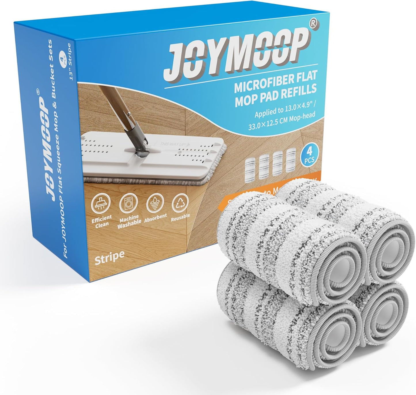 JOYMOOP Flat Mop Pads, Microfiber Mop Cleaning Pads, Washable Pads, Pads Replacement for Flat Mop or Mop Bucket Set, Pack of 4 Refills 13inch - Stripe
