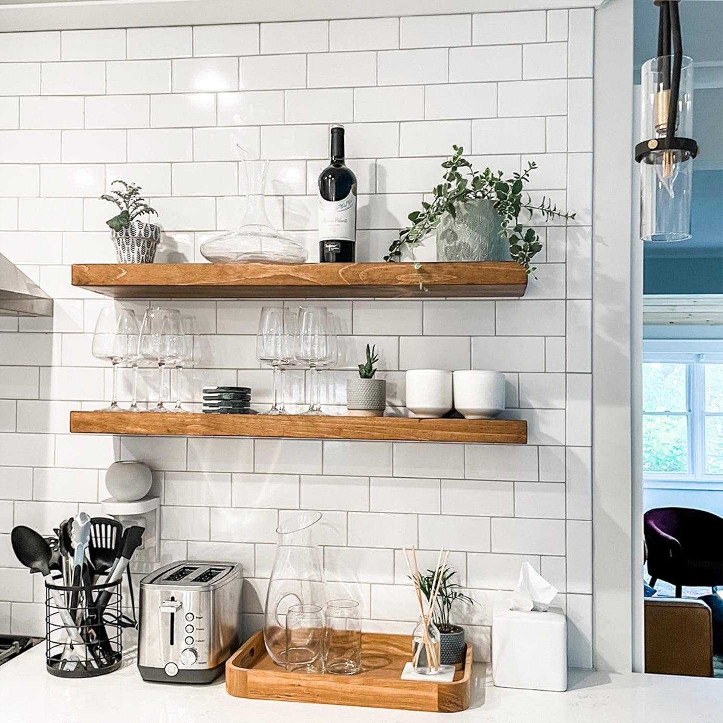 URBANDI, Rustic Floating Shelves, Set of 2, Hidden Bracket, Solid Wood, Heavy Duty, Wall Mounted Shelves, (Brown, 12Wx10D)