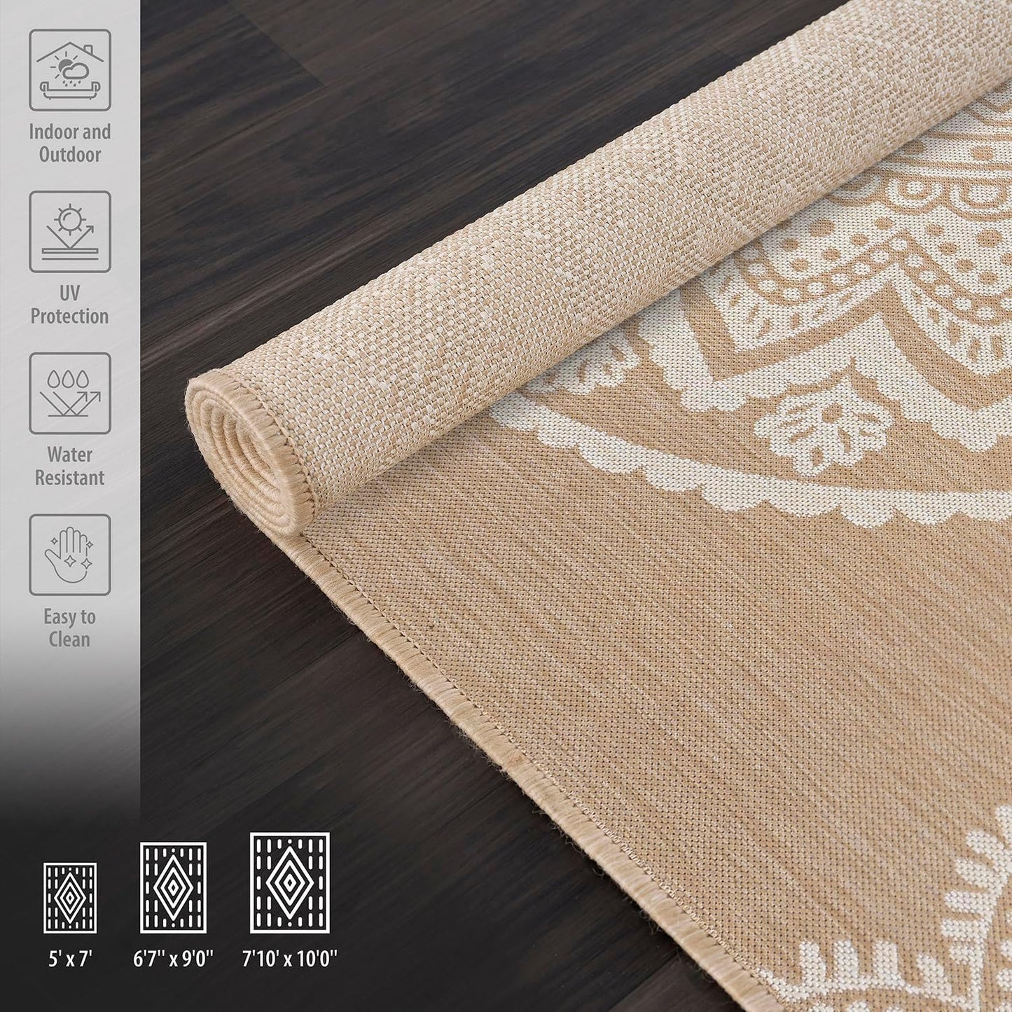 CAMILSON Outdoor Rug 8x10 Modern Area Rugs for Indoor and Outdoor Patios and Porches - Waterproof, Washable, Non-Shedding, Easy-to-Clean Outside Carpet (8 x 10, Medallion - Beige/White)