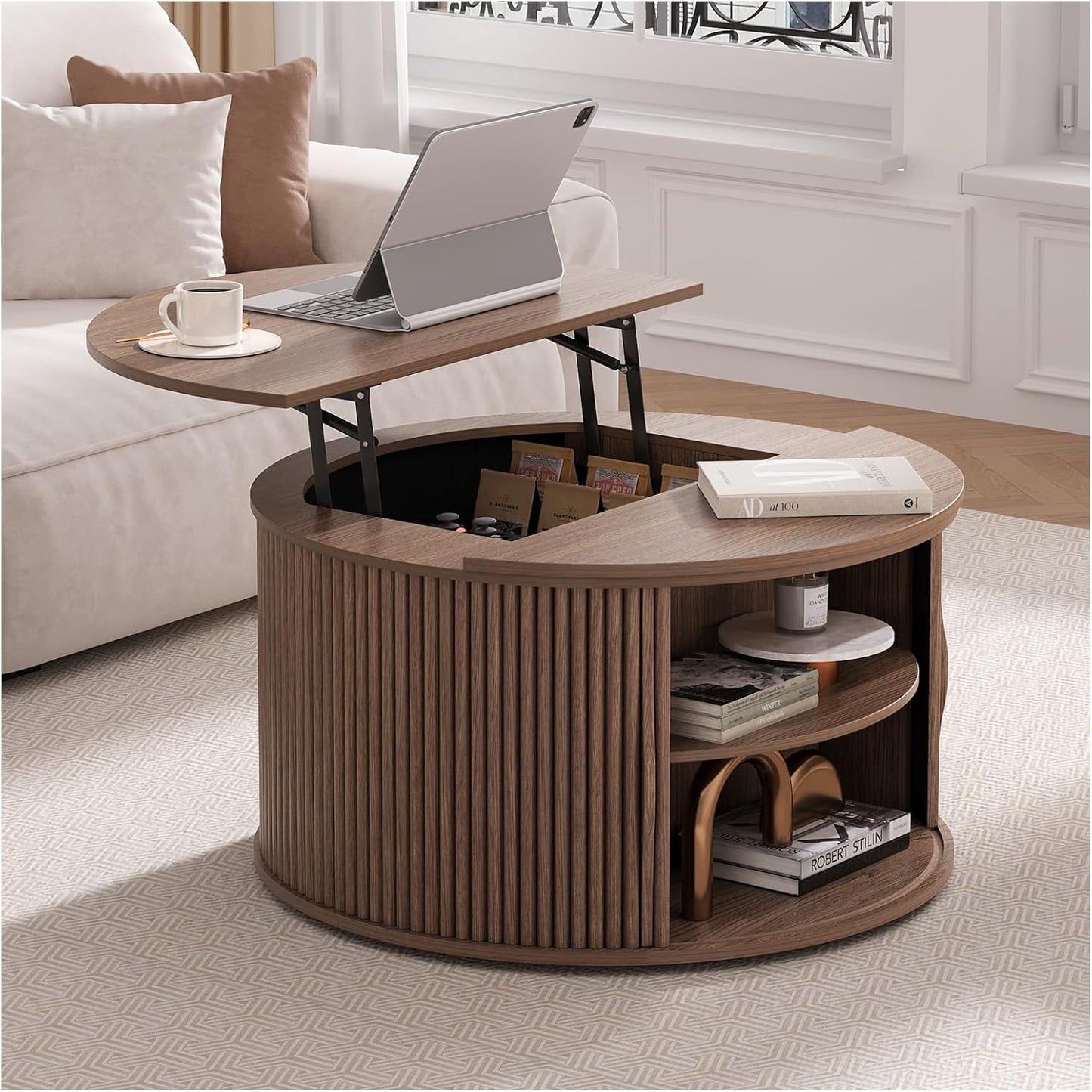 Round Coffee Table with Lifting Top,31.5”Mid Century Modern Lift Top Coffee Table with Hidden Compartment,Fluted Small Center Table for Living Room,Walnut